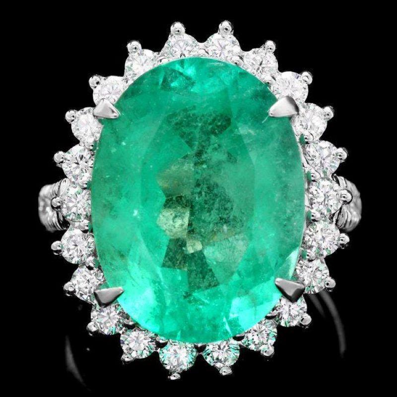 Mixed Cut 12.70 Carats Natural Emerald and Diamond 18K Solid White Gold Ring For Sale
