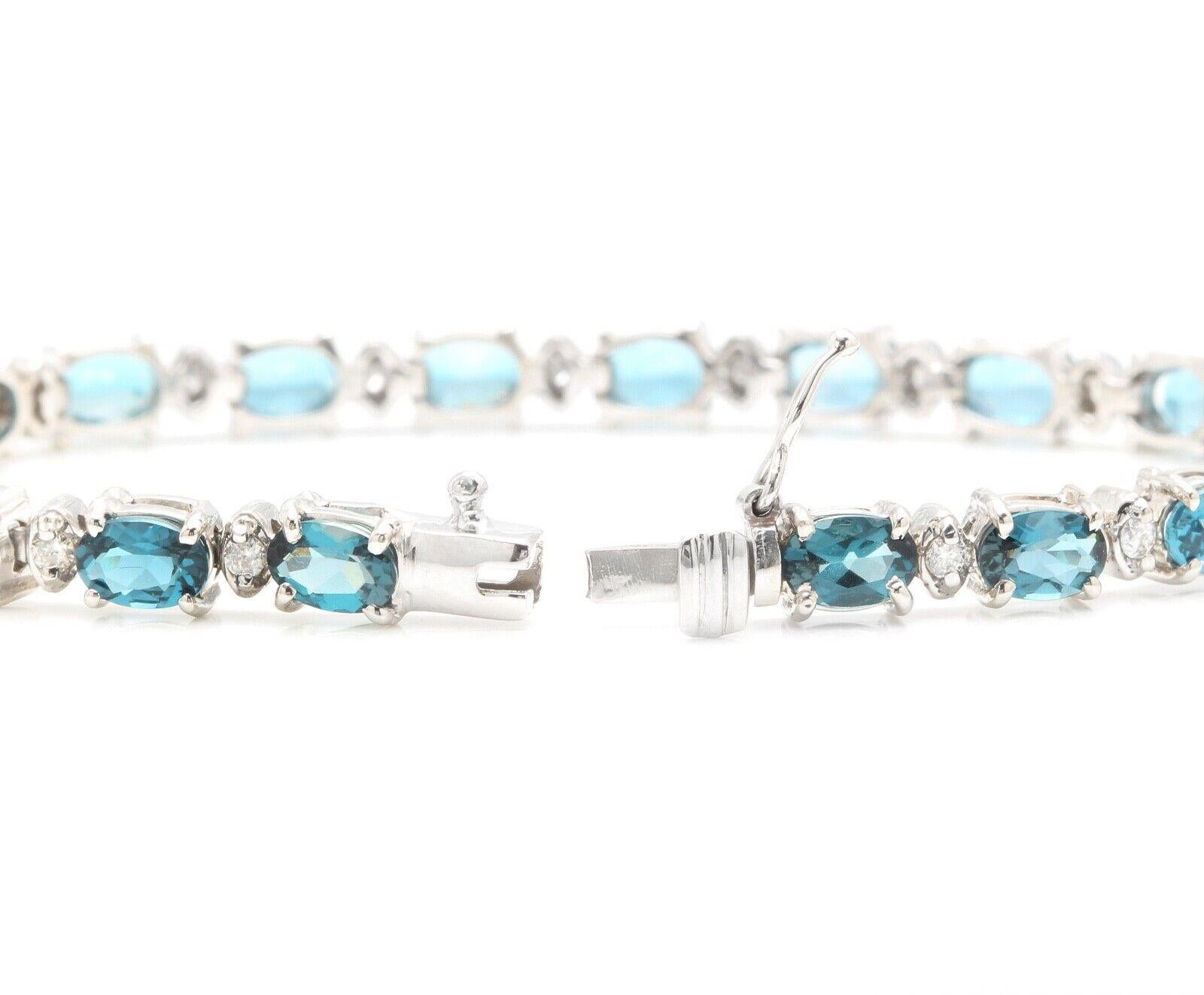 Mixed Cut 12.70 Carats Natural London Blue Topaz & Diamond 14k Solid White Gold Bracelet For Sale