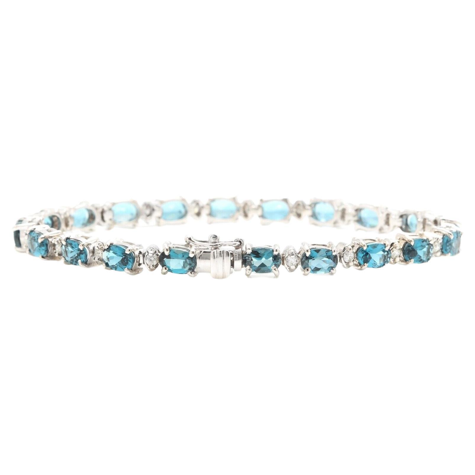 12.70 Carats Natural London Blue Topaz & Diamond 14k Solid White Gold Bracelet