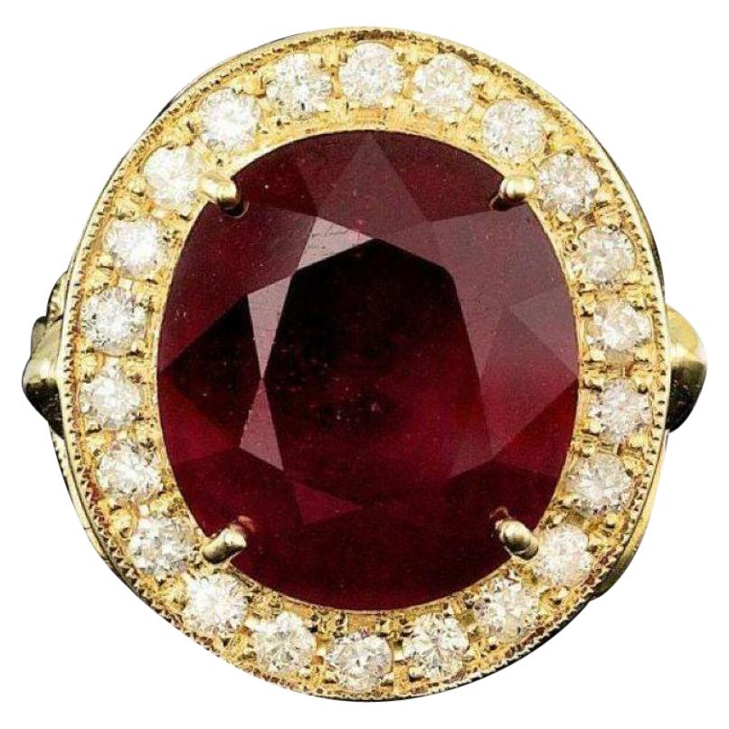 Bague en or jaune massif 14 carats avec rubis rouge naturel de 12,70 carats et diamants