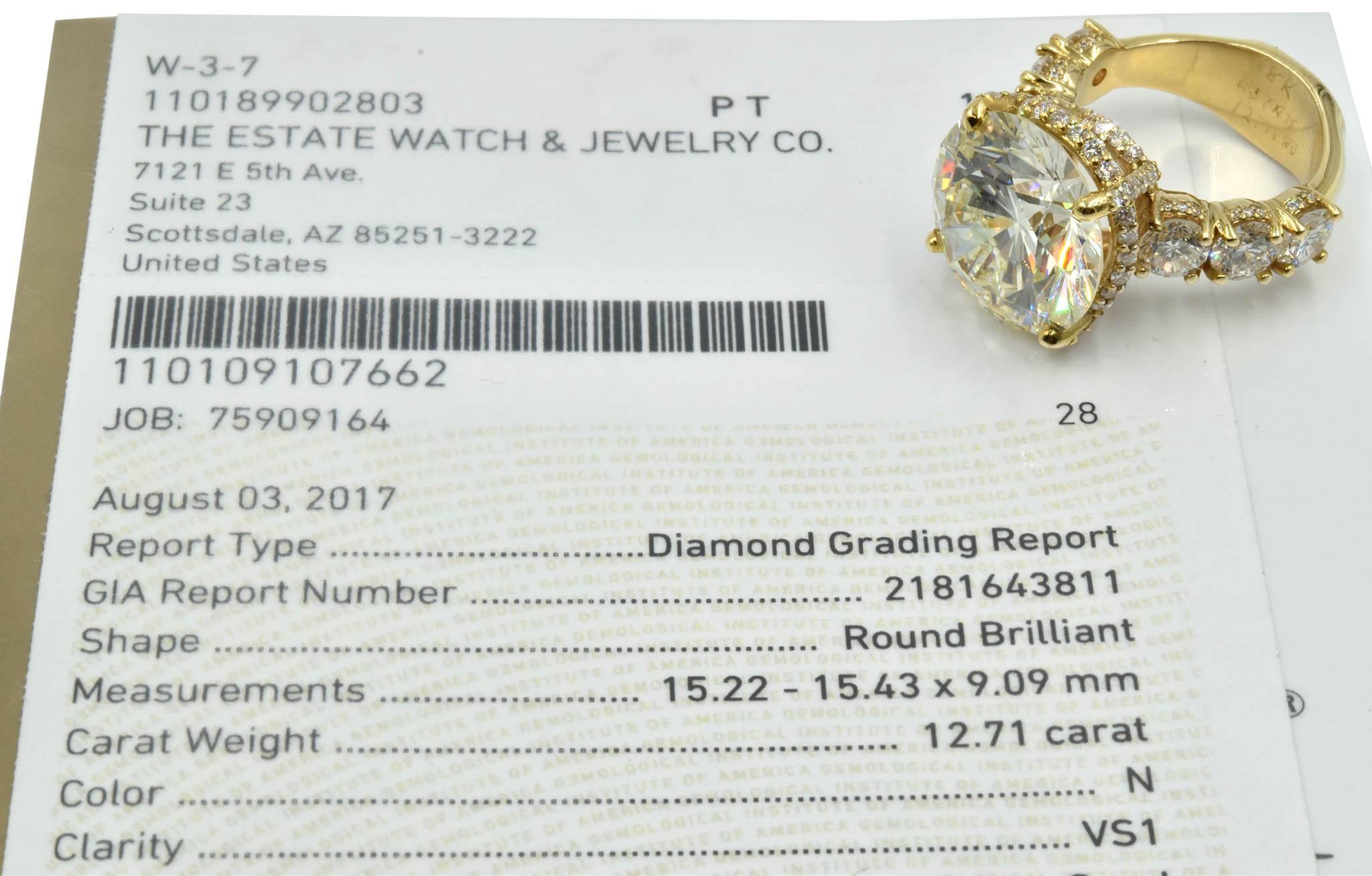 12.71 Carat Round Cut GIA Certified Diamond Engagement Ring 18 Karat Yellow Gold 2