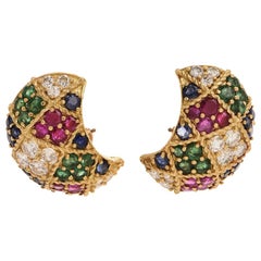 12.72 Carat Diamond Ruby Emerald 18 Karat Gold Clip-Back Earrings