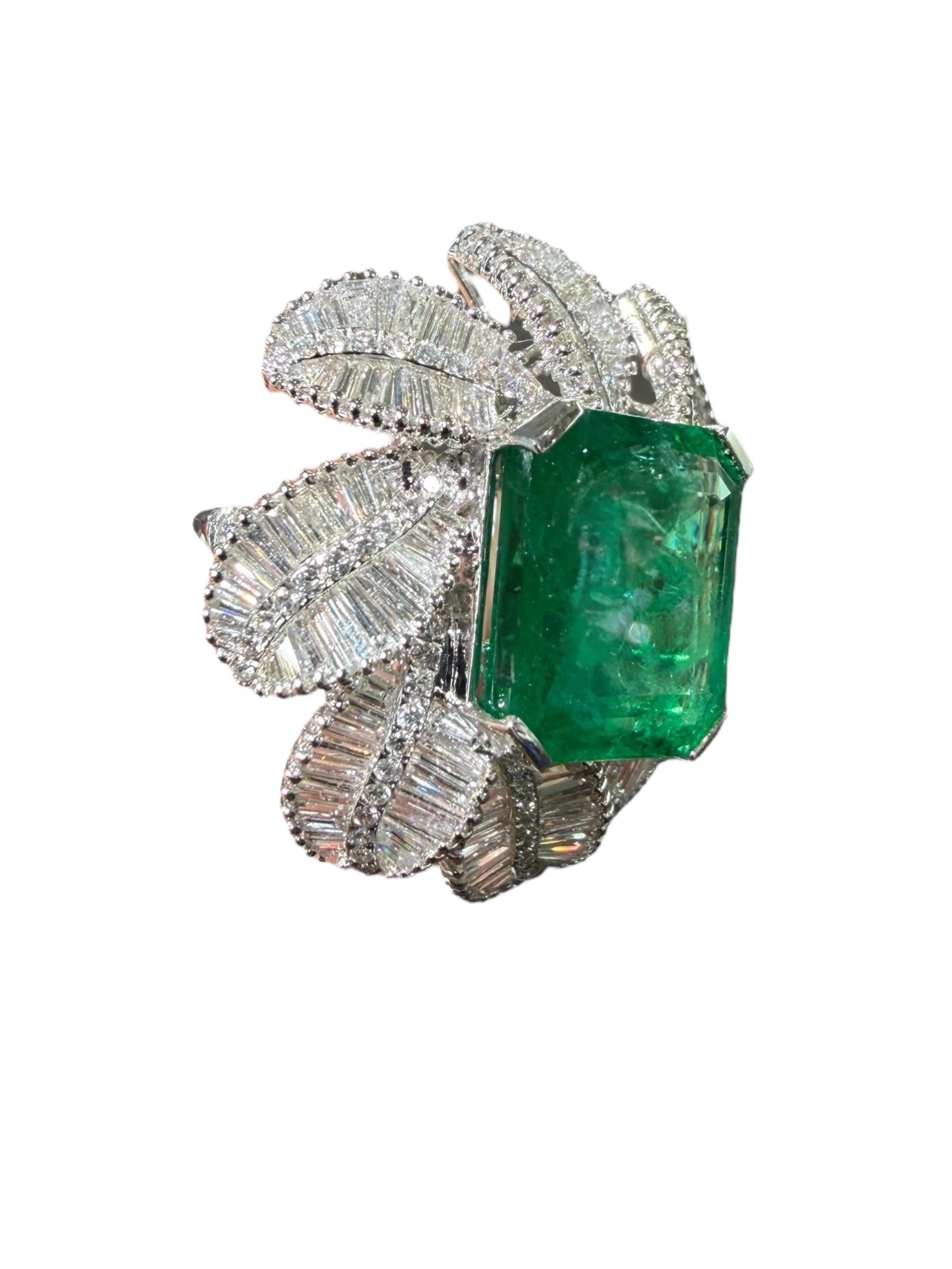 12,72 Karat sambischer Smaragd & 4,73 Karat Diamant Platin Blatt Cocktail Ring im Angebot 5