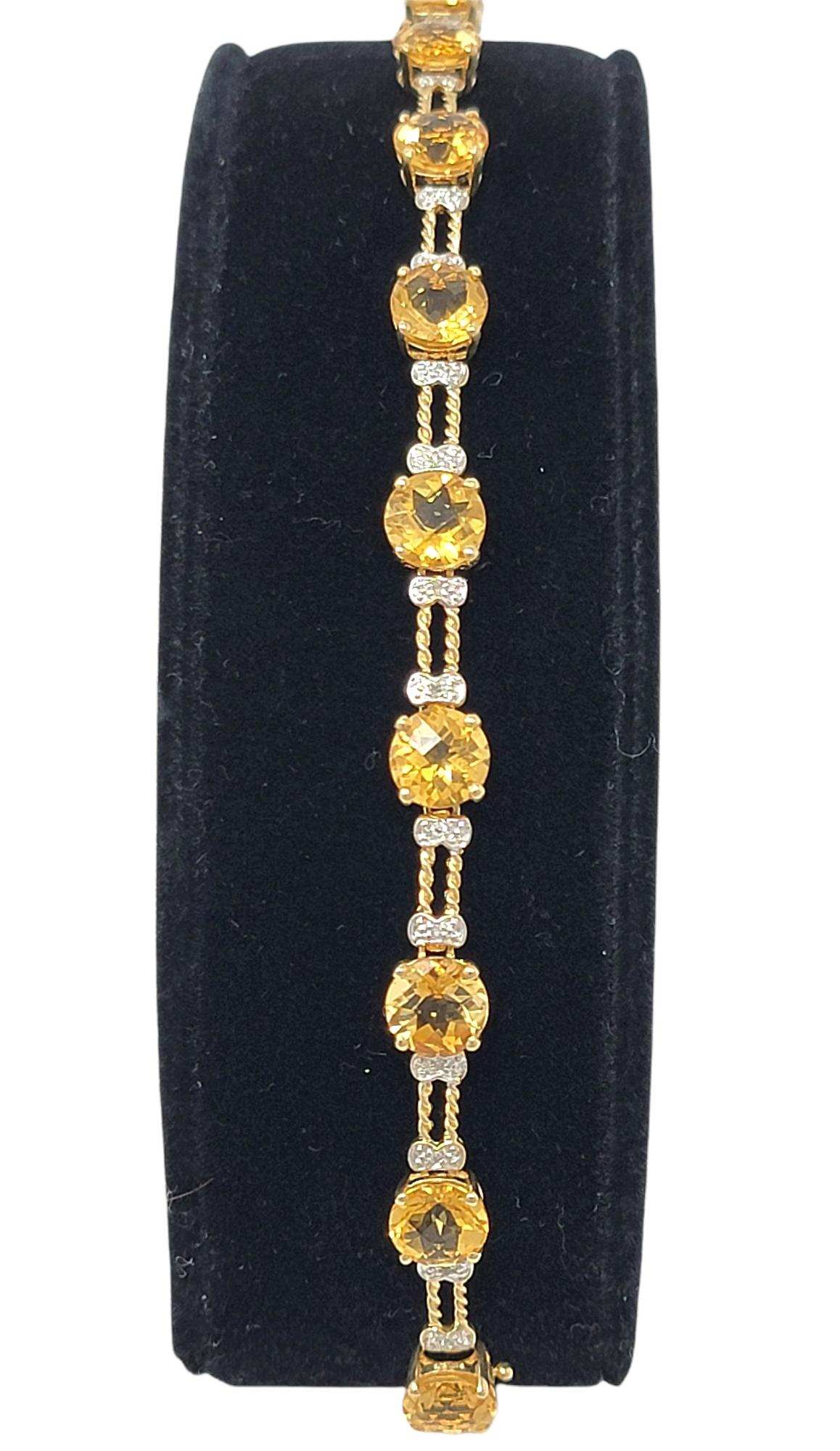 12.72 Carats Round Mixed Cut Citrine and Diamond Line Bracelet in 10 Karat Gold For Sale 4