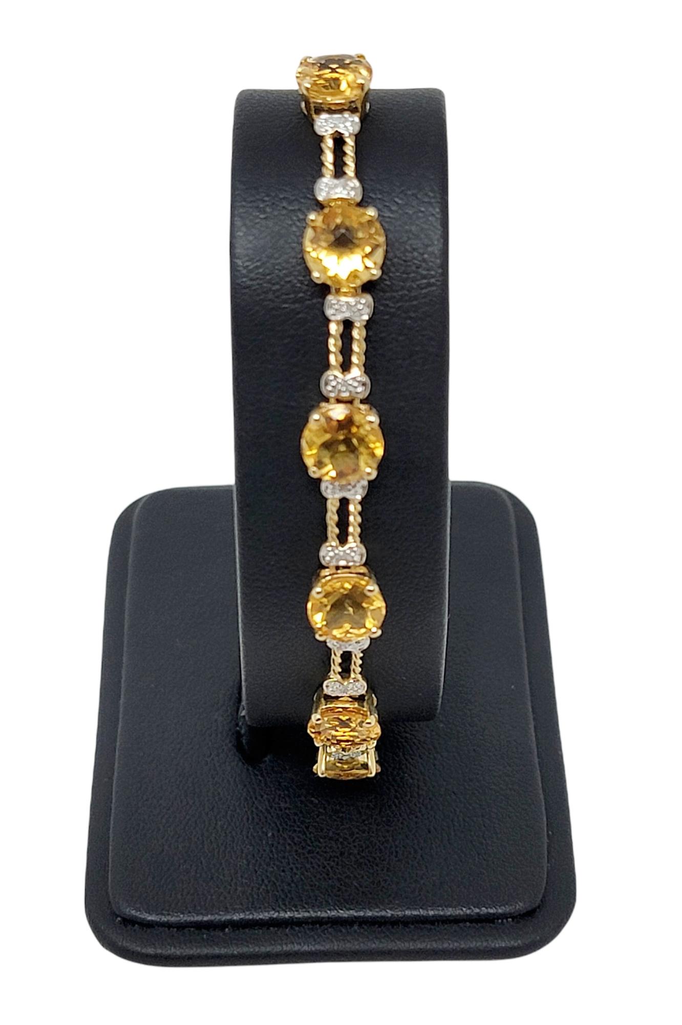 12.72 Carats Round Mixed Cut Citrine and Diamond Line Bracelet in 10 Karat Gold For Sale 5