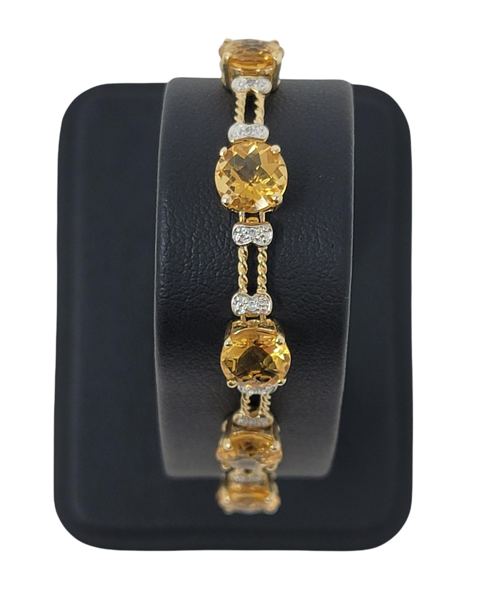 12.72 Carats Round Mixed Cut Citrine and Diamond Line Bracelet in 10 Karat Gold For Sale 6