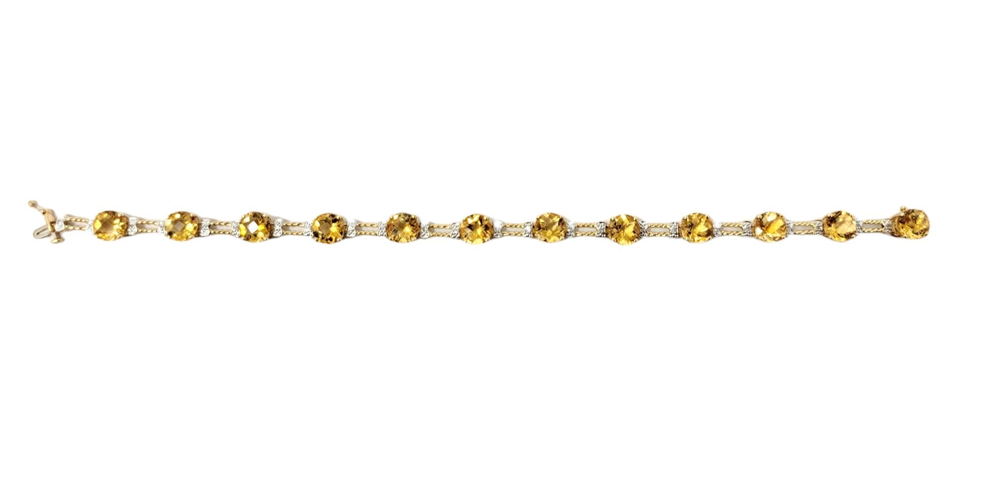 Contemporary 12.72 Carats Round Mixed Cut Citrine and Diamond Line Bracelet in 10 Karat Gold For Sale