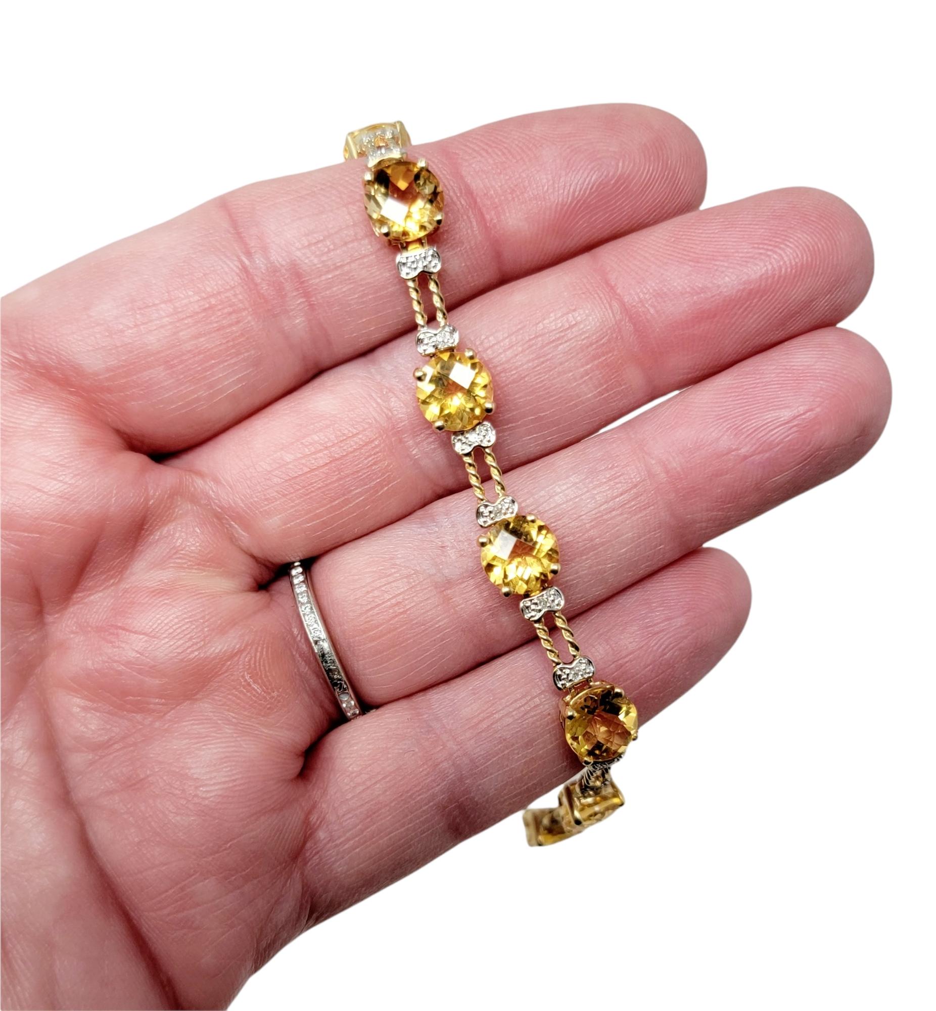 12.72 Carats Round Mixed Cut Citrine and Diamond Line Bracelet in 10 Karat Gold For Sale 2