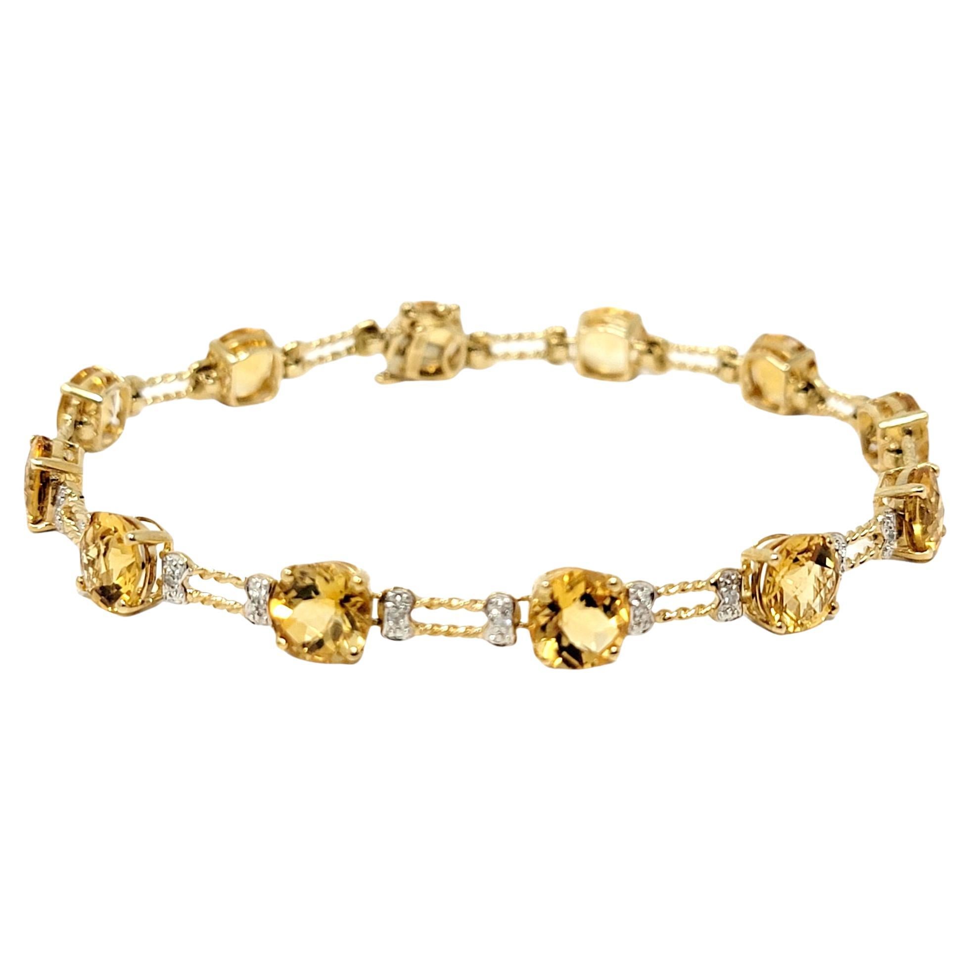 12.72 Carats Round Mixed Cut Citrine and Diamond Line Bracelet in 10 Karat Gold For Sale