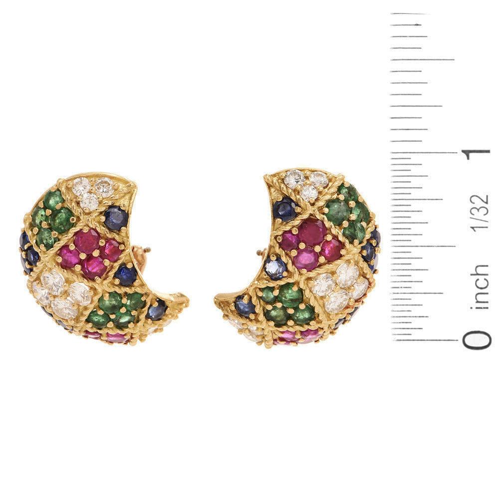 Women's 12.72 Carat Diamond Ruby Emerald 18 Karat Gold Clip-Back Earrings