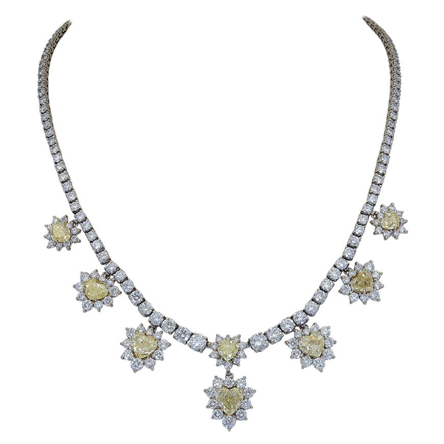 12.73 Carat Heart Shape Yellow Diamond Halo Drop Necklace