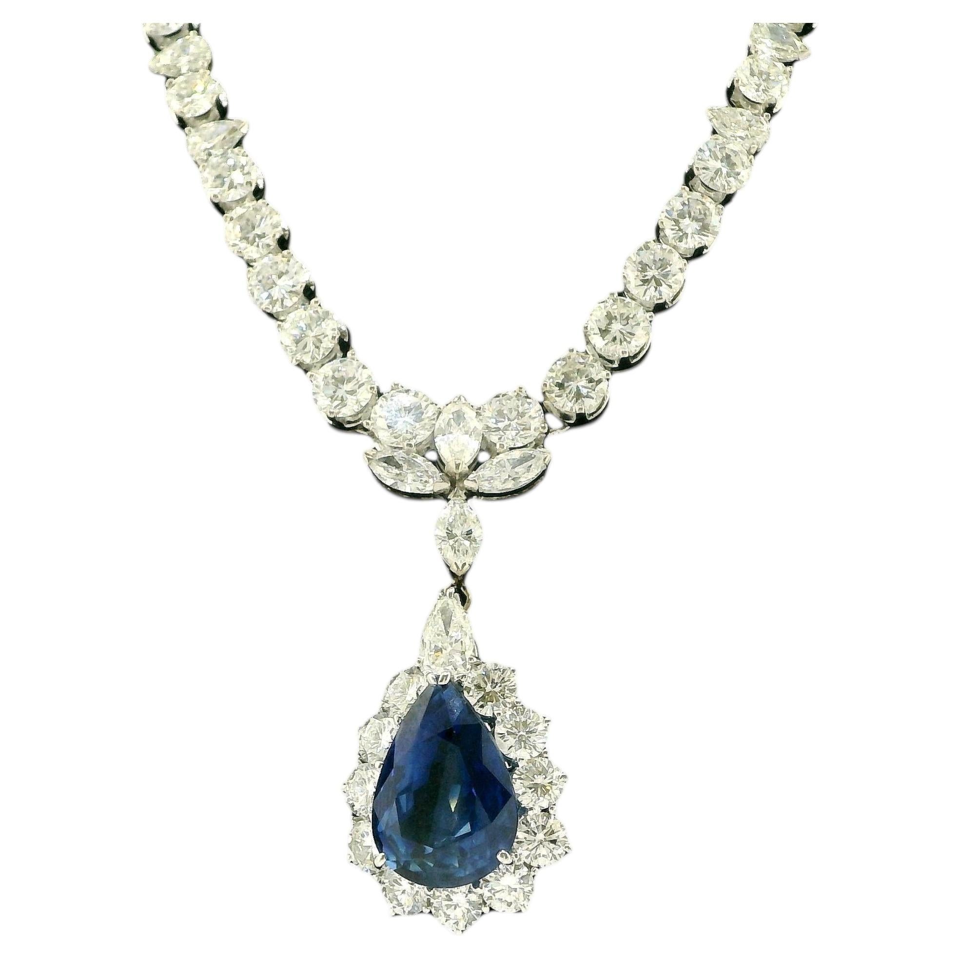 12.73-Carat Pear-Cut Sapphire Necklace with Diamonds in 14K White Gold