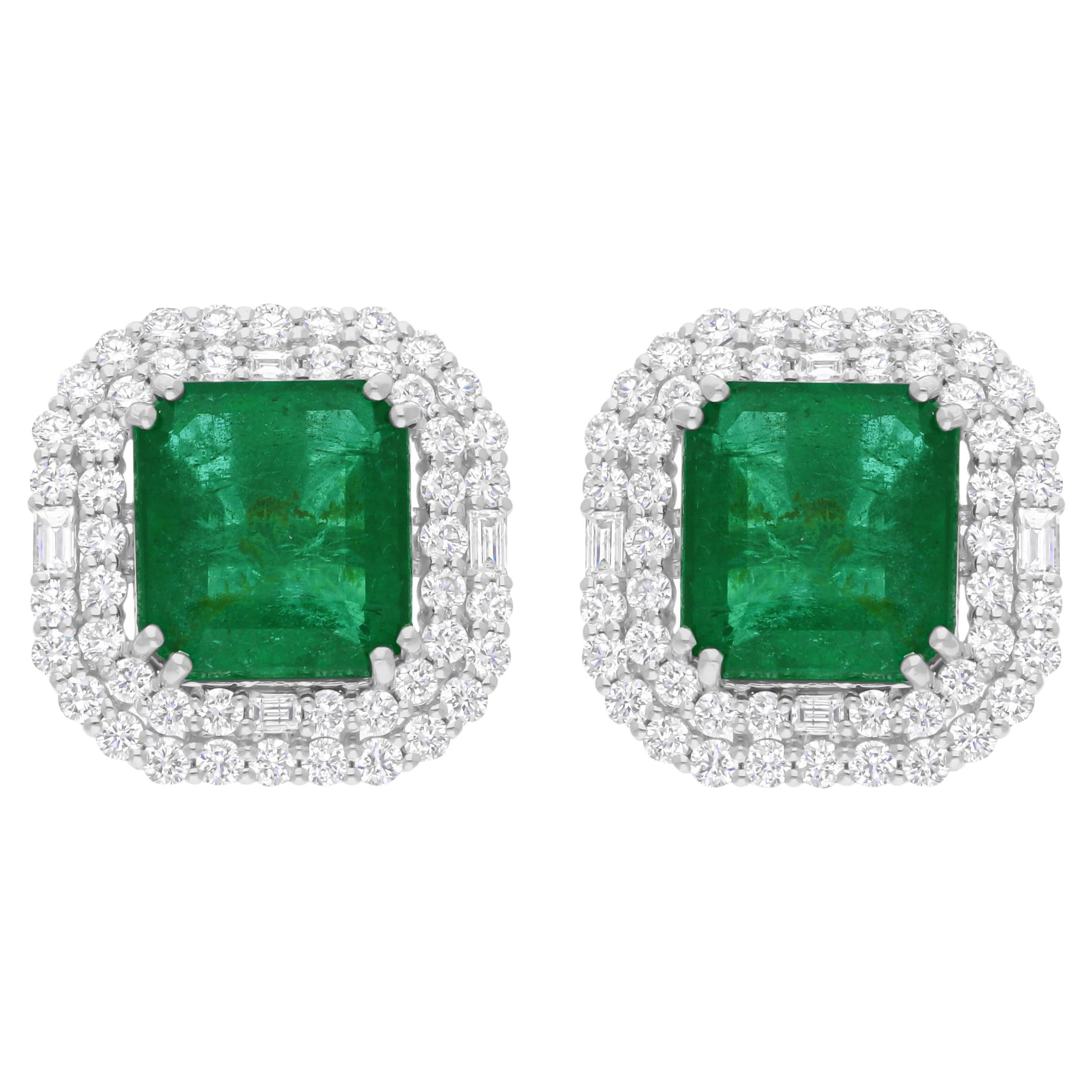 12.73 Carat Zambian Emerald 3.08 Carat SI/H Diamond Earrings 18 Karat White Gold