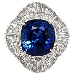 12.74 Carat Cushion Vivid Blue Sapphire and Diamond Platinum Ring Estate Jewelry