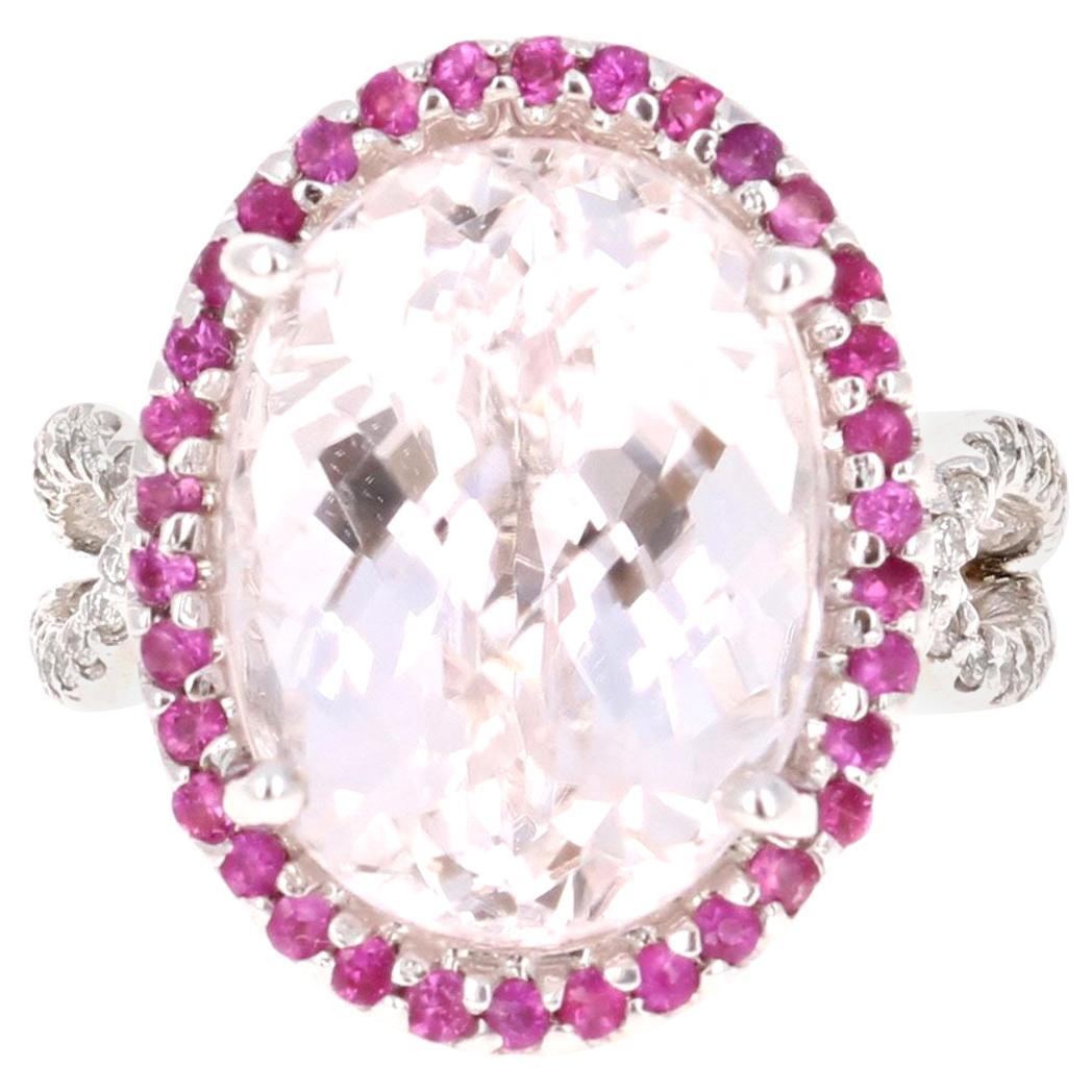 12.74 Carat Kunzite Diamond Cocktail 14 Karat White Gold Ring For Sale