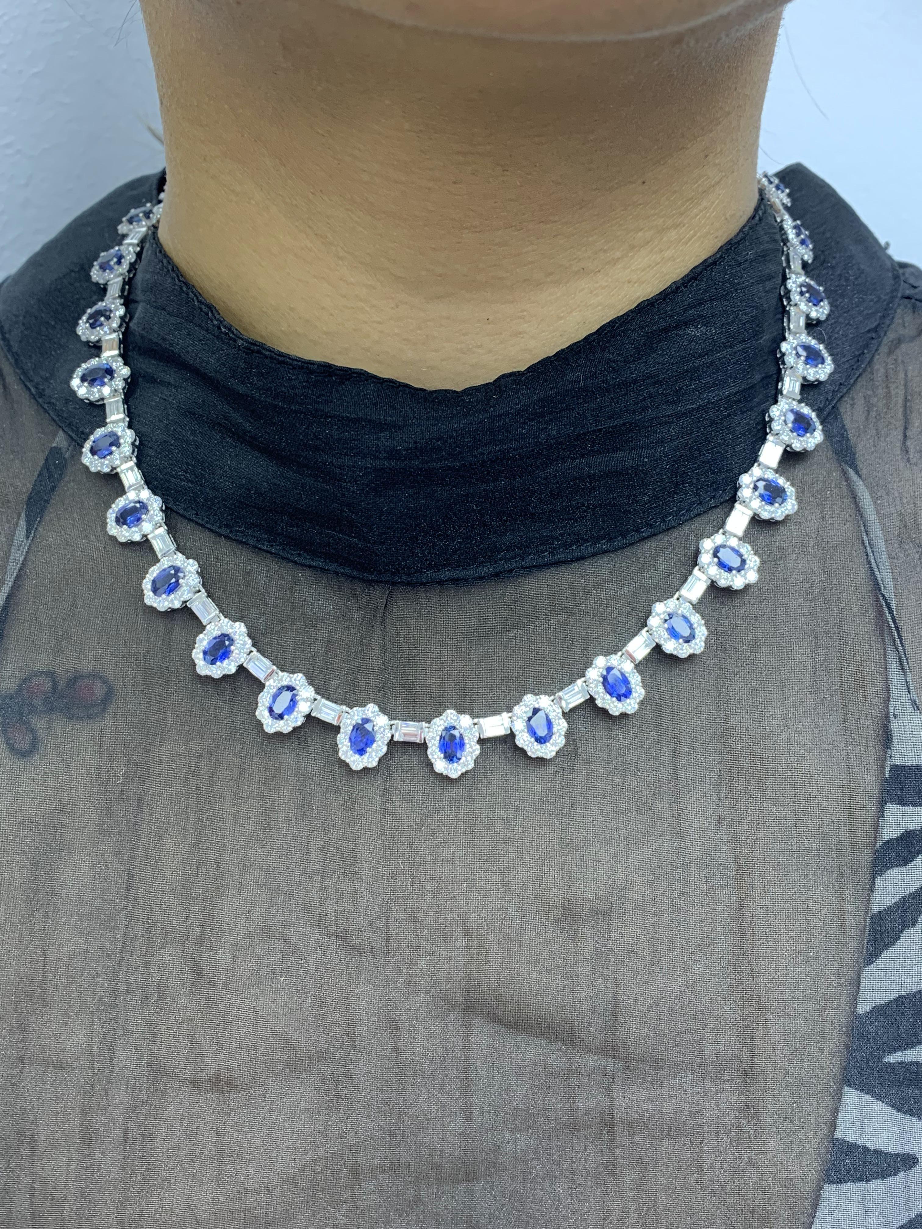 12.74 Carat Oval Cut Blue Sapphire and Diamond Necklace in 18K White Gold For Sale 2