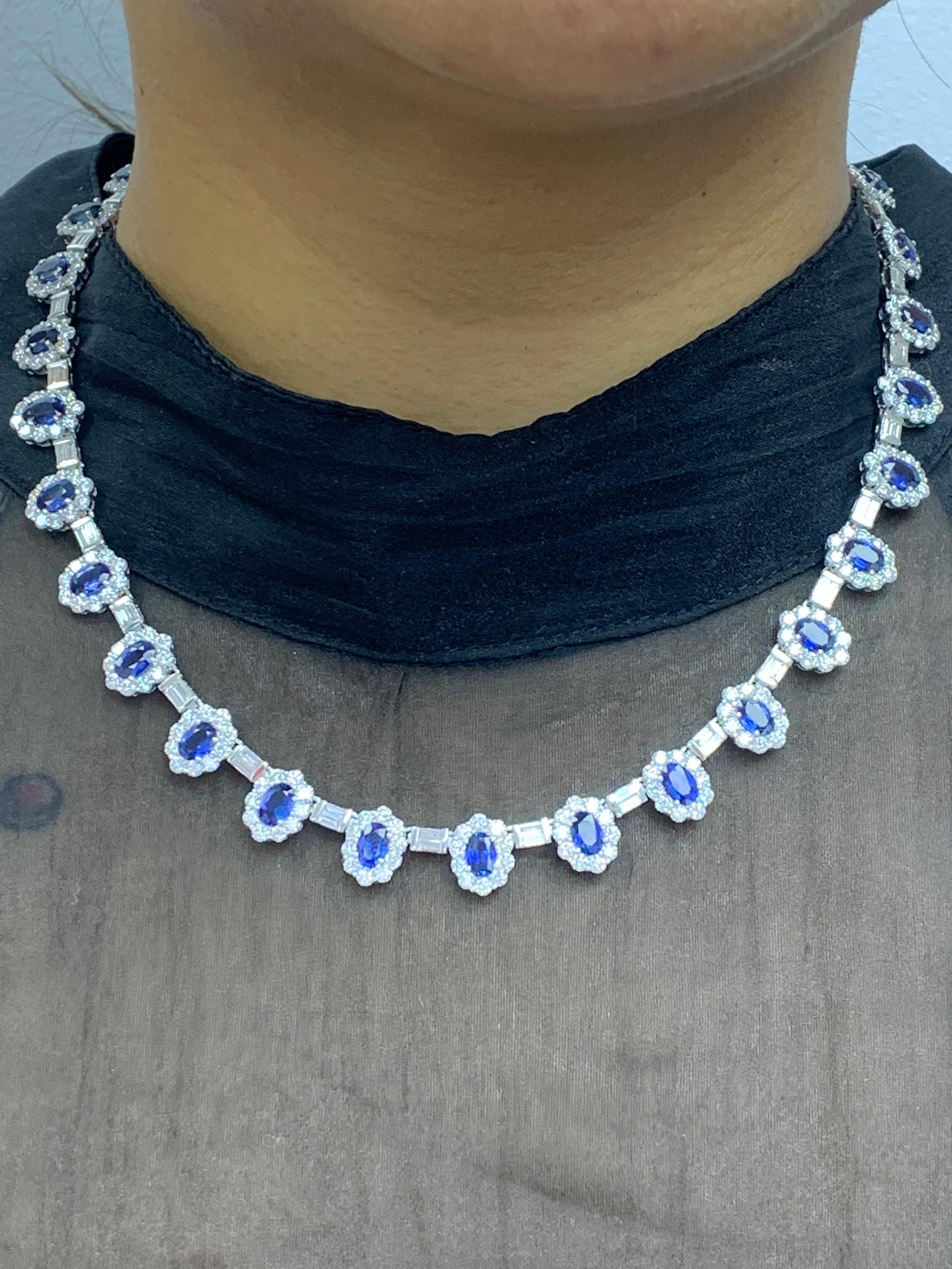 12.74 Carat Oval Cut Blue Sapphire and Diamond Necklace in 18K White Gold For Sale 3