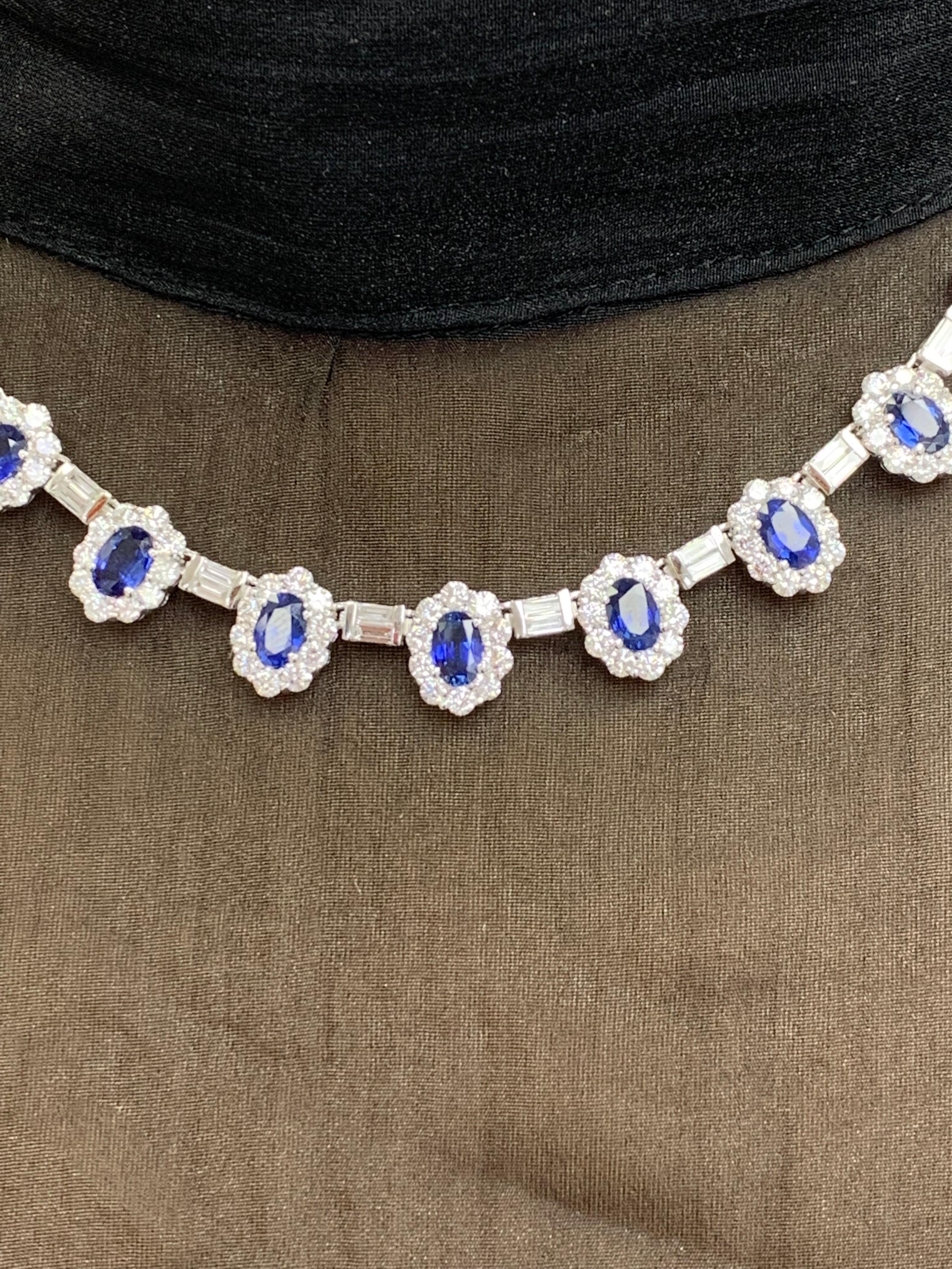 12.74 Carat Oval Cut Blue Sapphire and Diamond Necklace in 18K White Gold For Sale 4