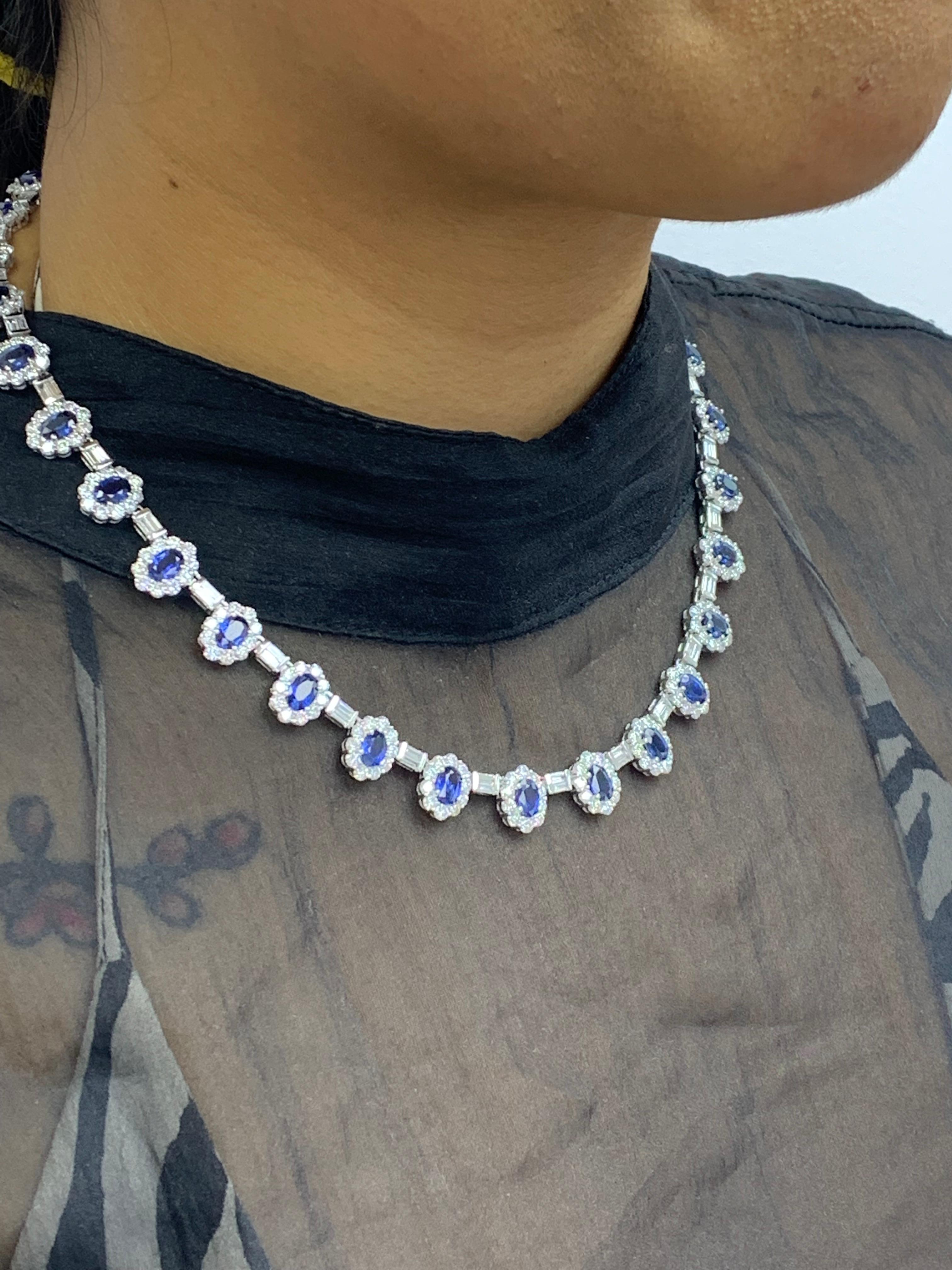 12.74 Carat Oval Cut Blue Sapphire and Diamond Necklace in 18K White Gold For Sale 5