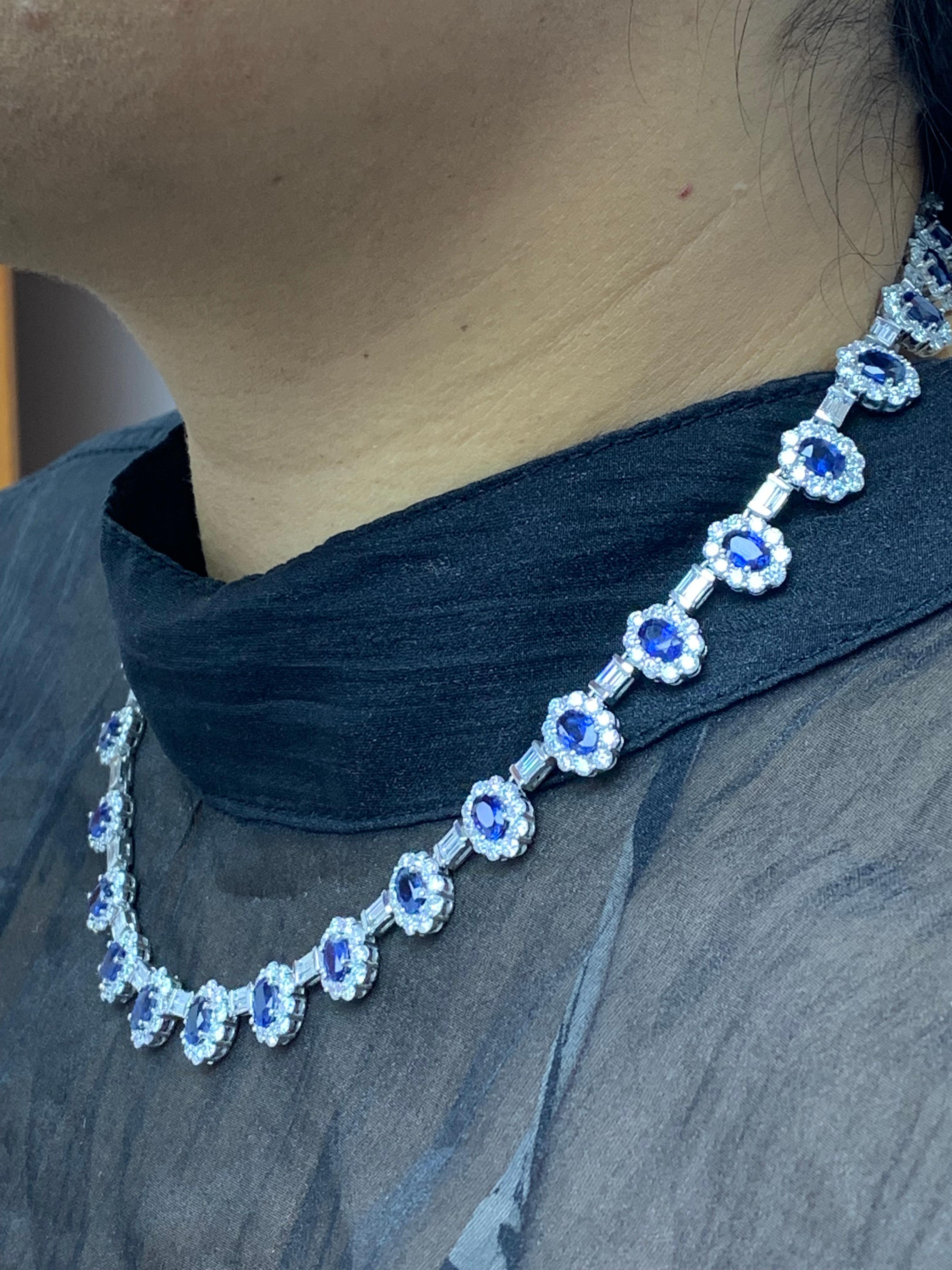 12.74 Carat Oval Cut Blue Sapphire and Diamond Necklace in 18K White Gold For Sale 6