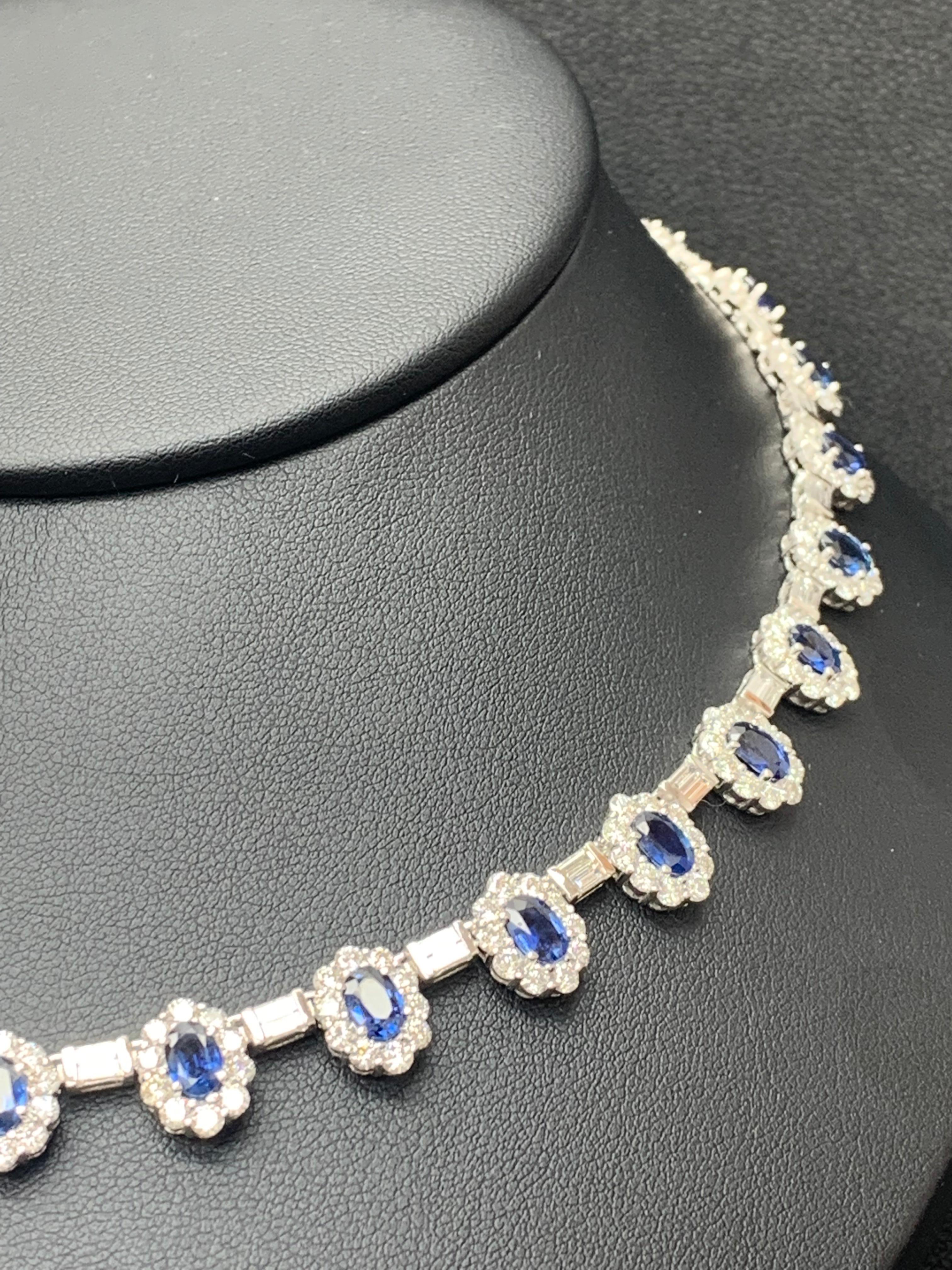 Modern 12.74 Carat Oval Cut Blue Sapphire and Diamond Necklace in 18K White Gold For Sale