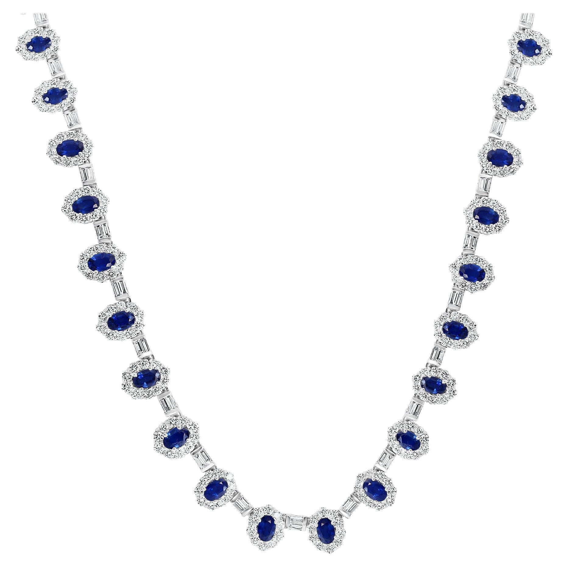12.74 Carat Oval Cut Blue Sapphire and Diamond Necklace in 18K White Gold For Sale