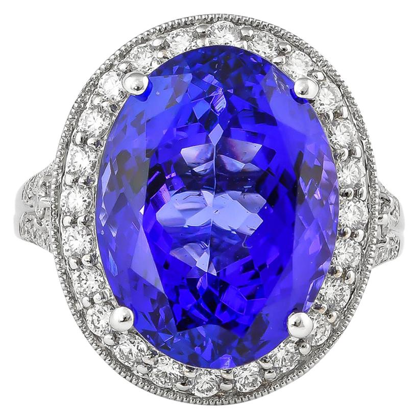 12.7 Carat Tanzanite and White Diamond Ring in 18 Karat White Gold For Sale