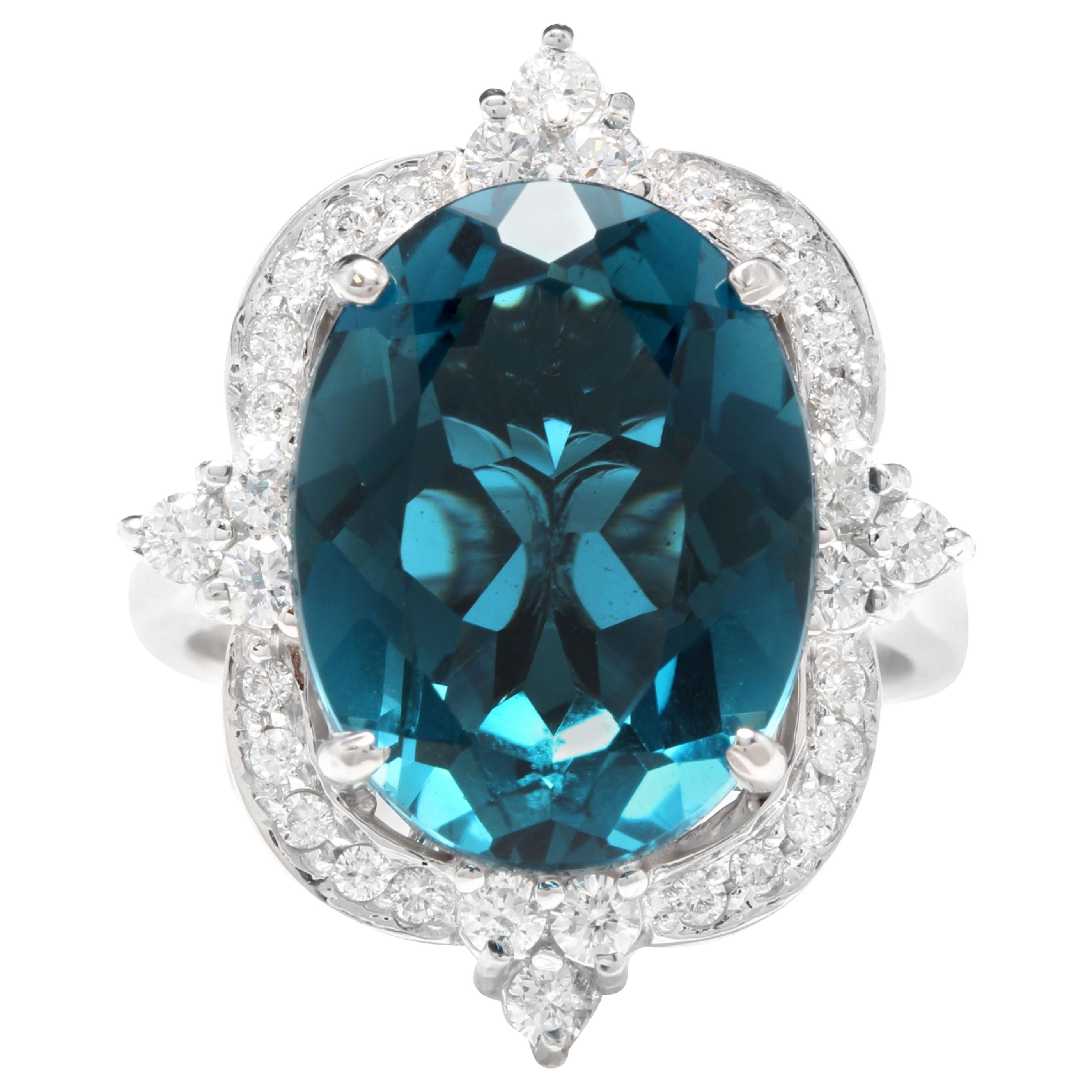 12.75 Carat Natural Impressive London Blue Topaz and Diamond 14K White Gold Ring For Sale