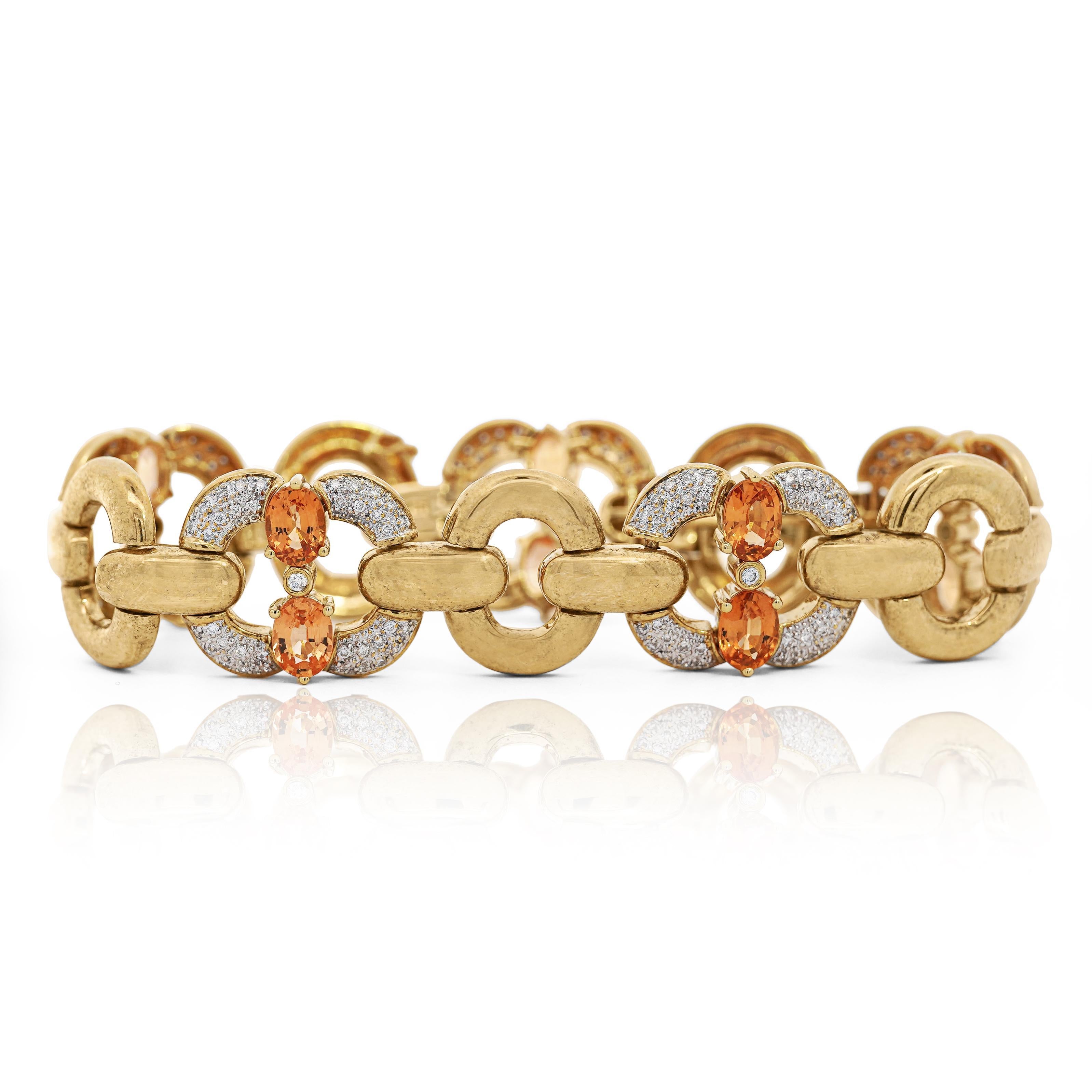 Rétro Bracelet à maillons ovales en or 18 carats avec grenat spessartine et diamants de 12,75 carats en vente