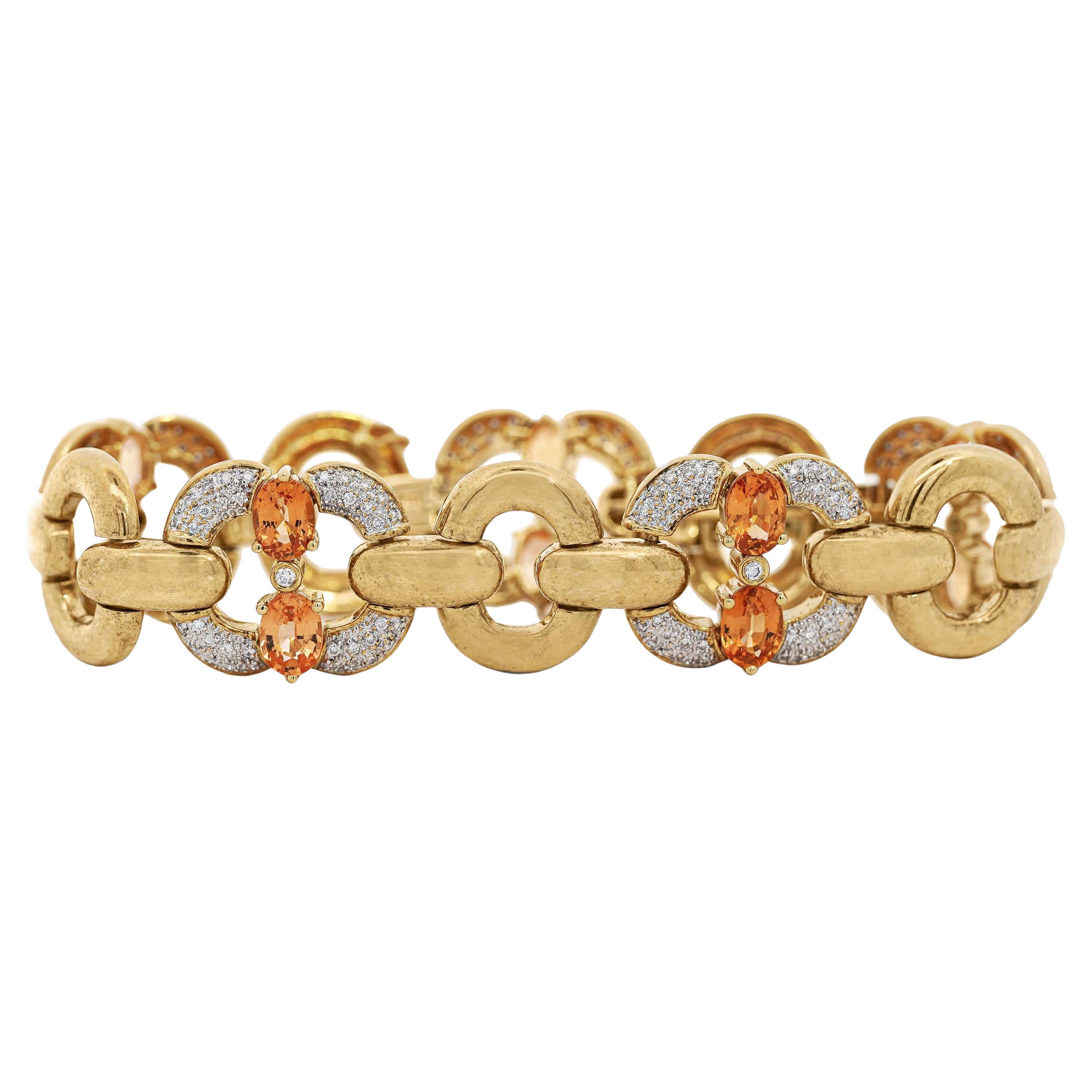 12.75 Carat Oval Spessartine Garnet & Diamond 18K Gold Wide Oval Link Bracelet