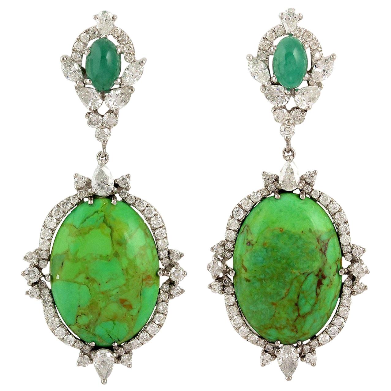 12.75 Carat Turquoise Emerald 18 Karat Diamond Earrings