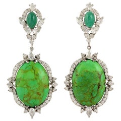 Boucles d'oreilles en diamants 18 carats avec turquoise et émeraude de 12,75 carats