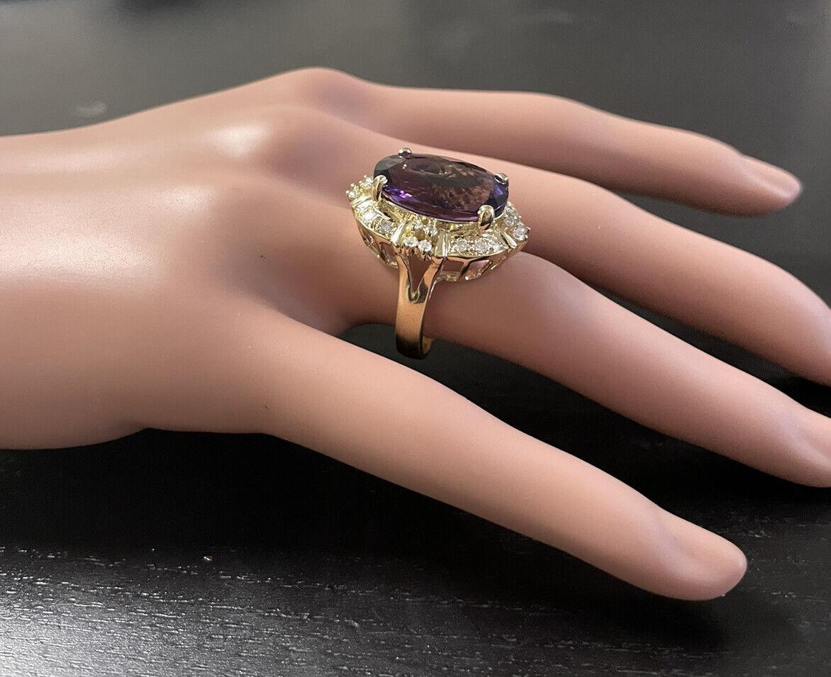 12.75 Carats Natural Amethyst and Diamond 14K Solid Yellow Gold Ring For Sale 2