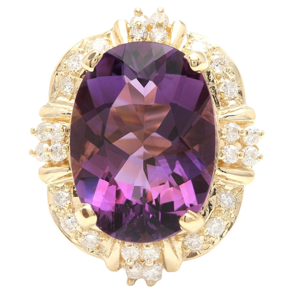 12.75 Carats Natural Amethyst and Diamond 14K Solid Yellow Gold Ring For Sale