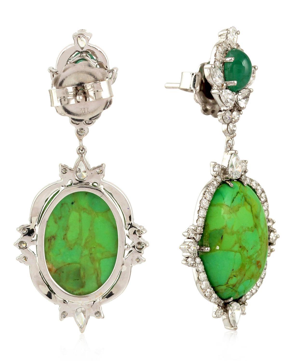 Modern 12.75 Carat Turquoise Emerald 18 Karat Diamond Earrings For Sale