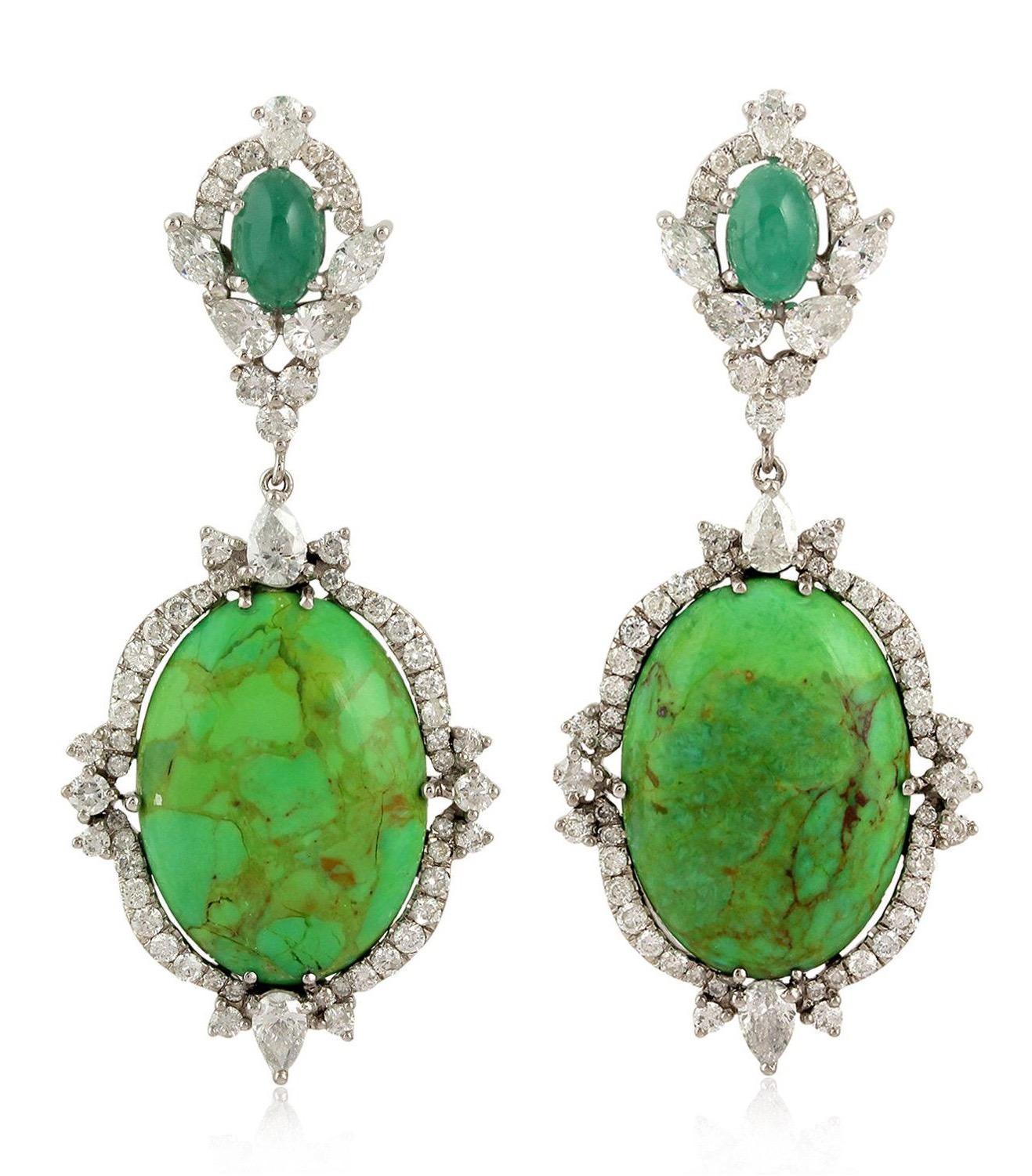 Mixed Cut 12.75 Carat Turquoise Emerald 18 Karat Diamond Earrings For Sale