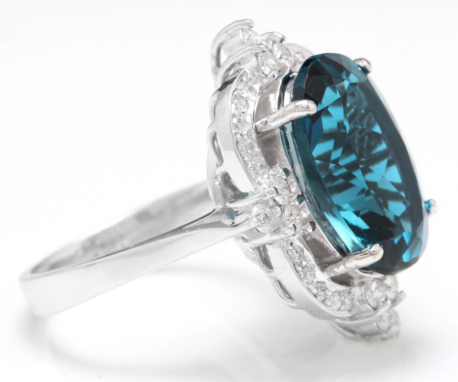 Mixed Cut 12.75 Carat Natural Impressive London Blue Topaz and Diamond 14K White Gold Ring For Sale