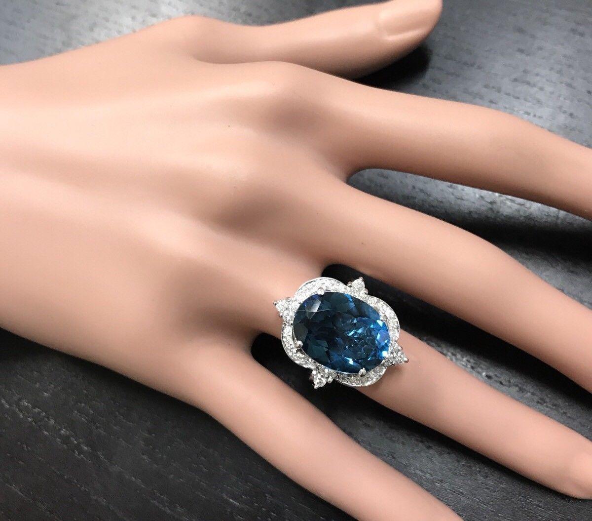 Women's 12.75 Carat Natural Impressive London Blue Topaz and Diamond 14K White Gold Ring For Sale