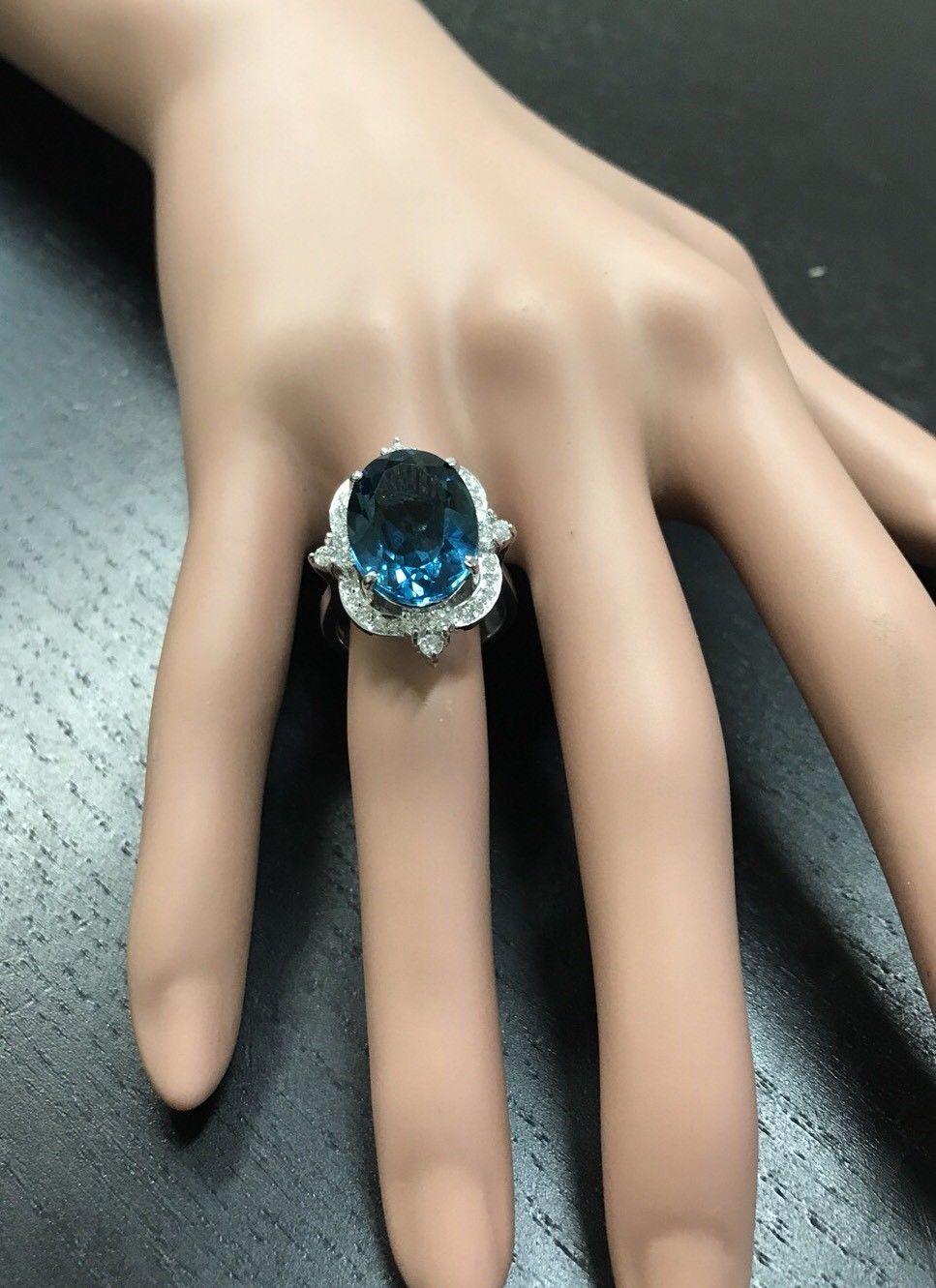 12.75 Carat Natural Impressive London Blue Topaz and Diamond 14K White Gold Ring For Sale 3