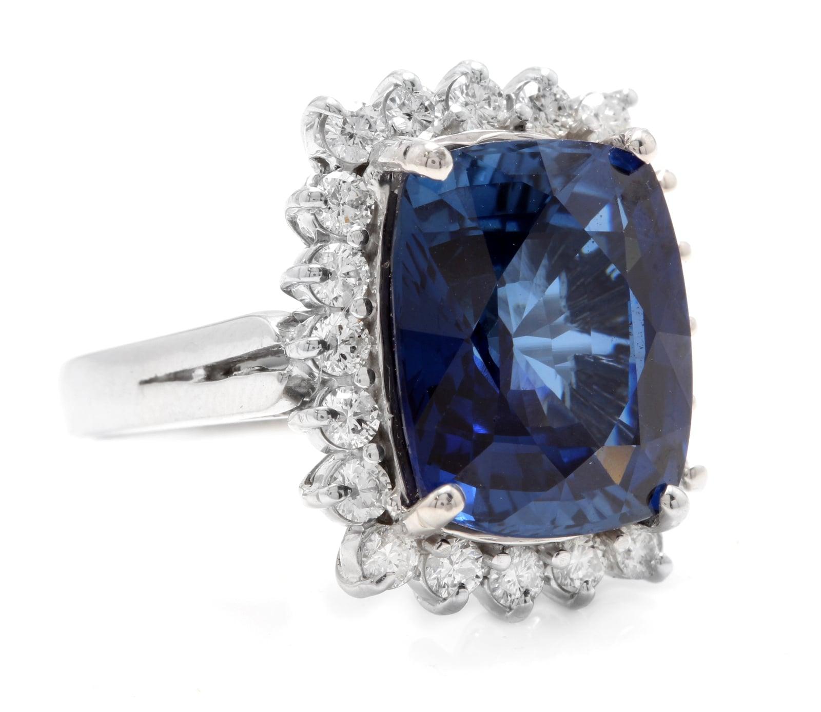 12.75 Carats Ceylon Blue Sapphire and Natural Diamond 14K Solid White Gold Ring

Suggested Replacement Value $5,500.00

Total Blue Sapphire Weight is: 12.00 Carats (Lab Created)

Sapphire Measures: 14 x 12mm

Natural Round Diamonds Weight: 0.75