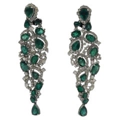 12.75cttw. Emerald & 3.42cttw White Diamond Drop Earrings 18k White Gold