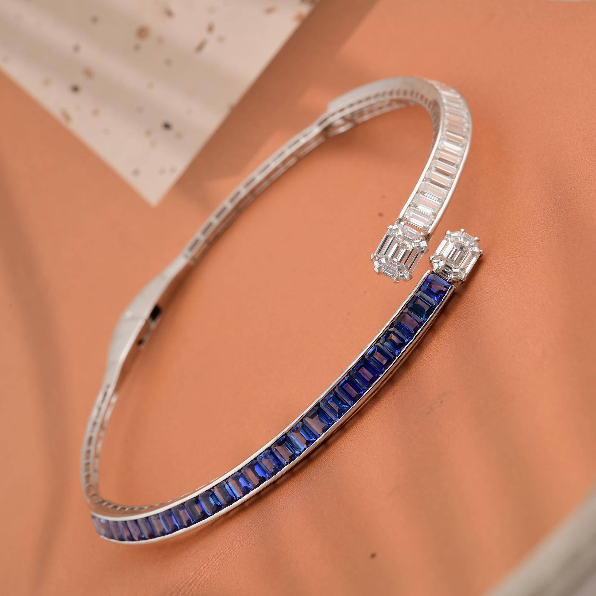 Emerald Cut 12.76 Carat Blue Sapphire 13.86 Ct SI/H Diamond 18k White Gold Choker Necklace For Sale