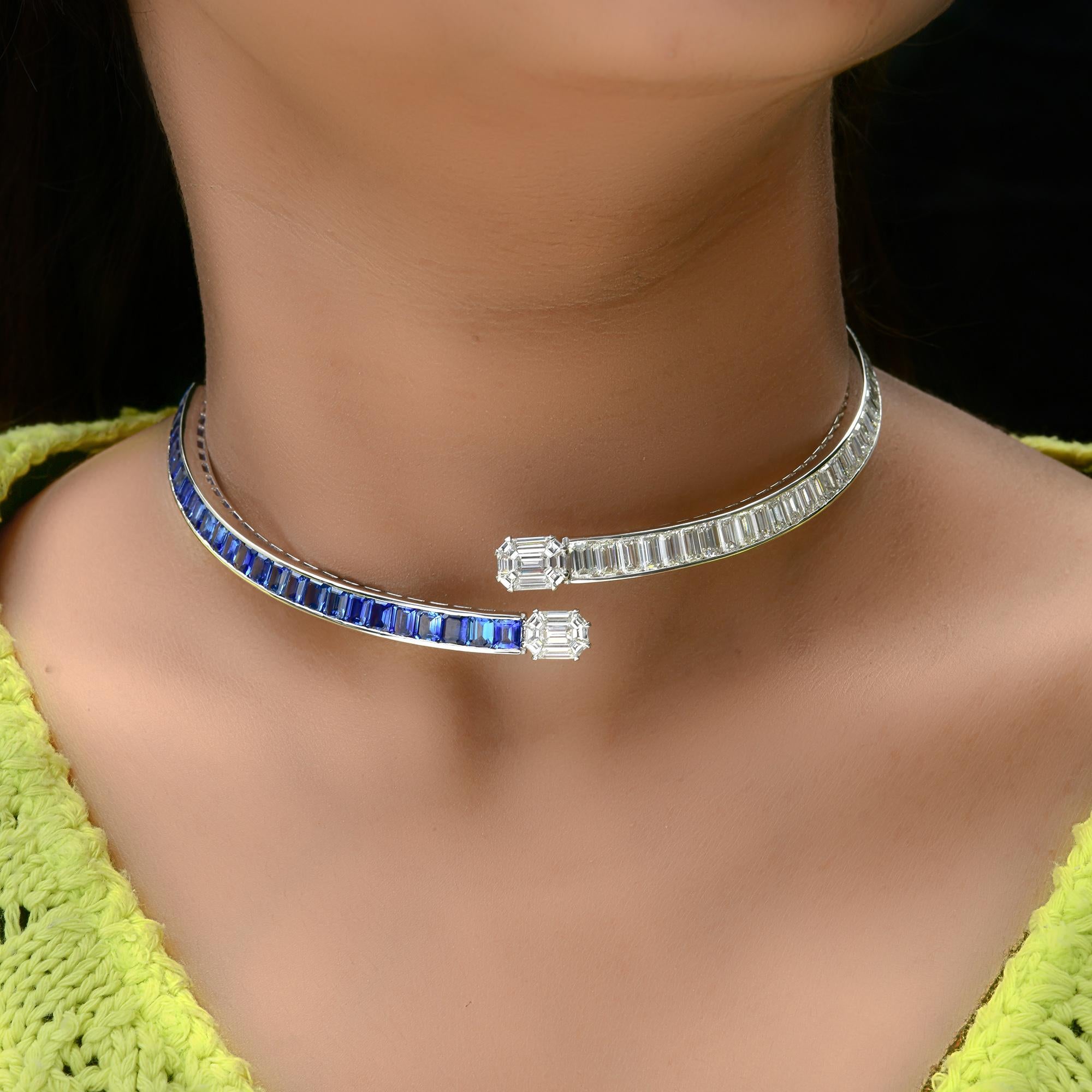 Women's 12.76 Carat Blue Sapphire 13.86 Ct SI/H Diamond 18k White Gold Choker Necklace For Sale