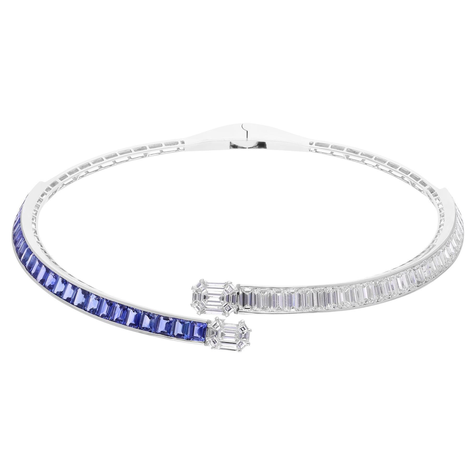 12.76 Carat Blue Sapphire 13.86 Ct SI/H Diamond 18k White Gold Choker Necklace