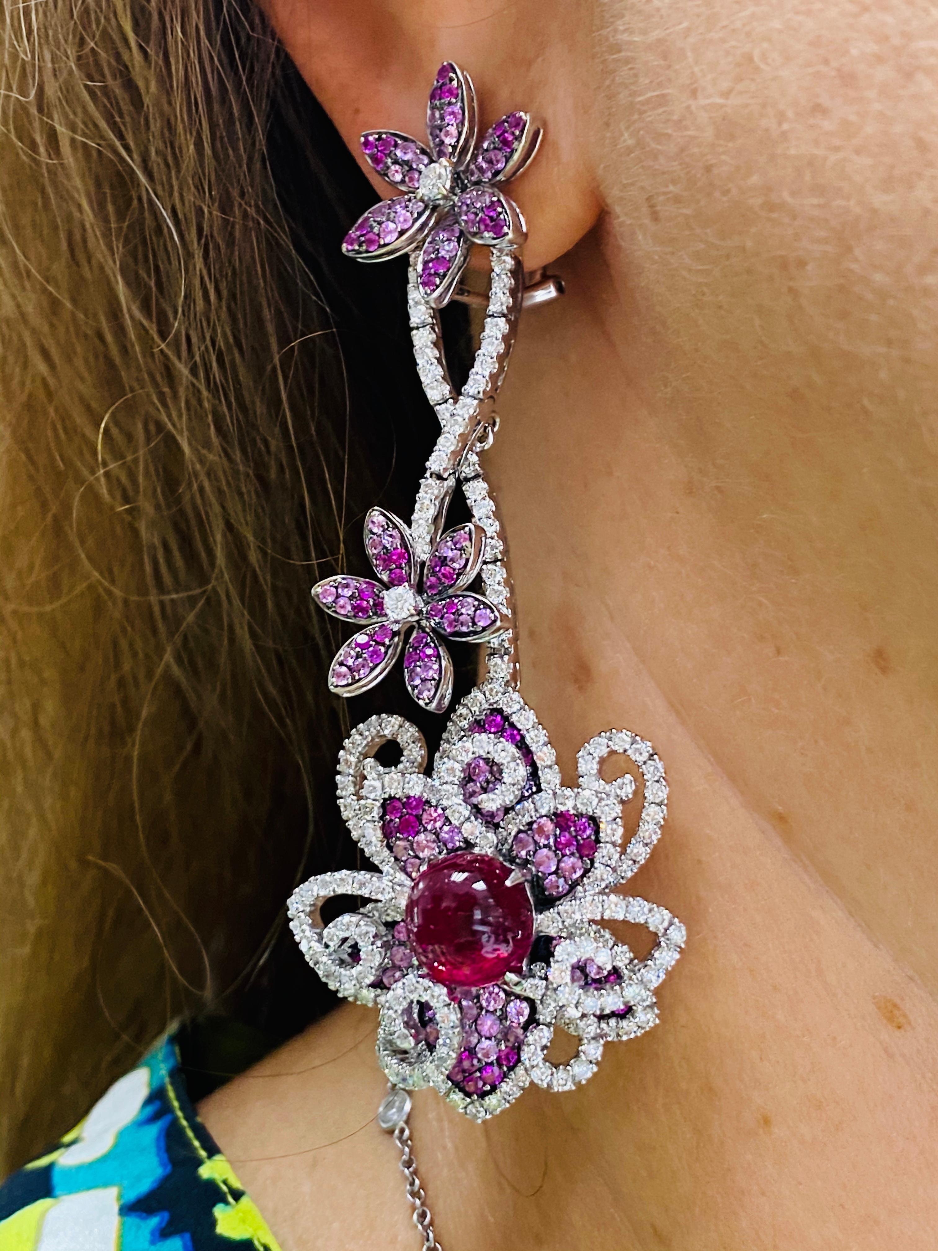 Round Cut Diana M. 12.76 Carat Ruby and Diamond Earrings For Sale