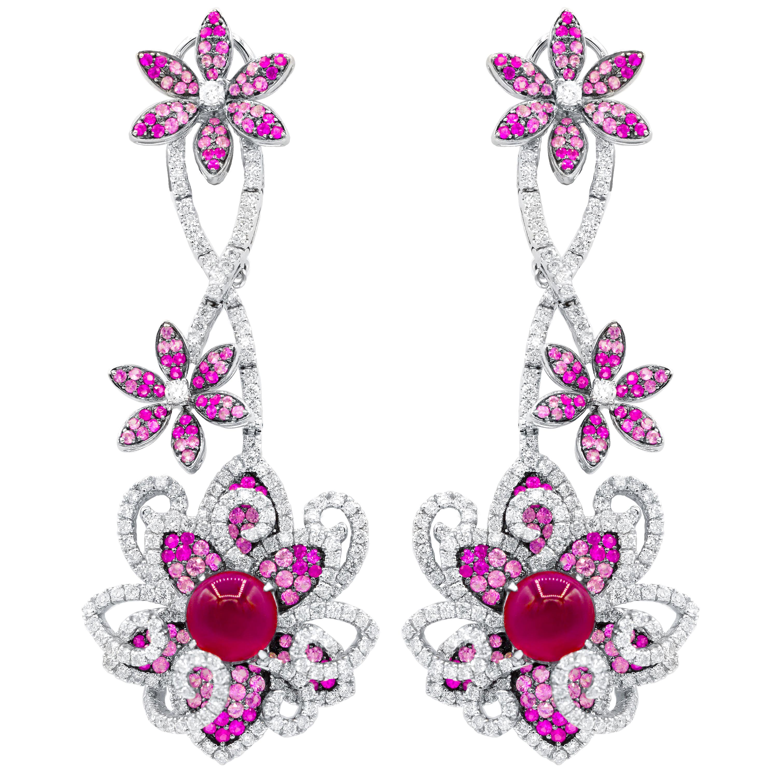 Diana M 18K White Gold 12.76 Cts Ruby, Pink Sapphire & 5.57 Cts Diamond Earrings