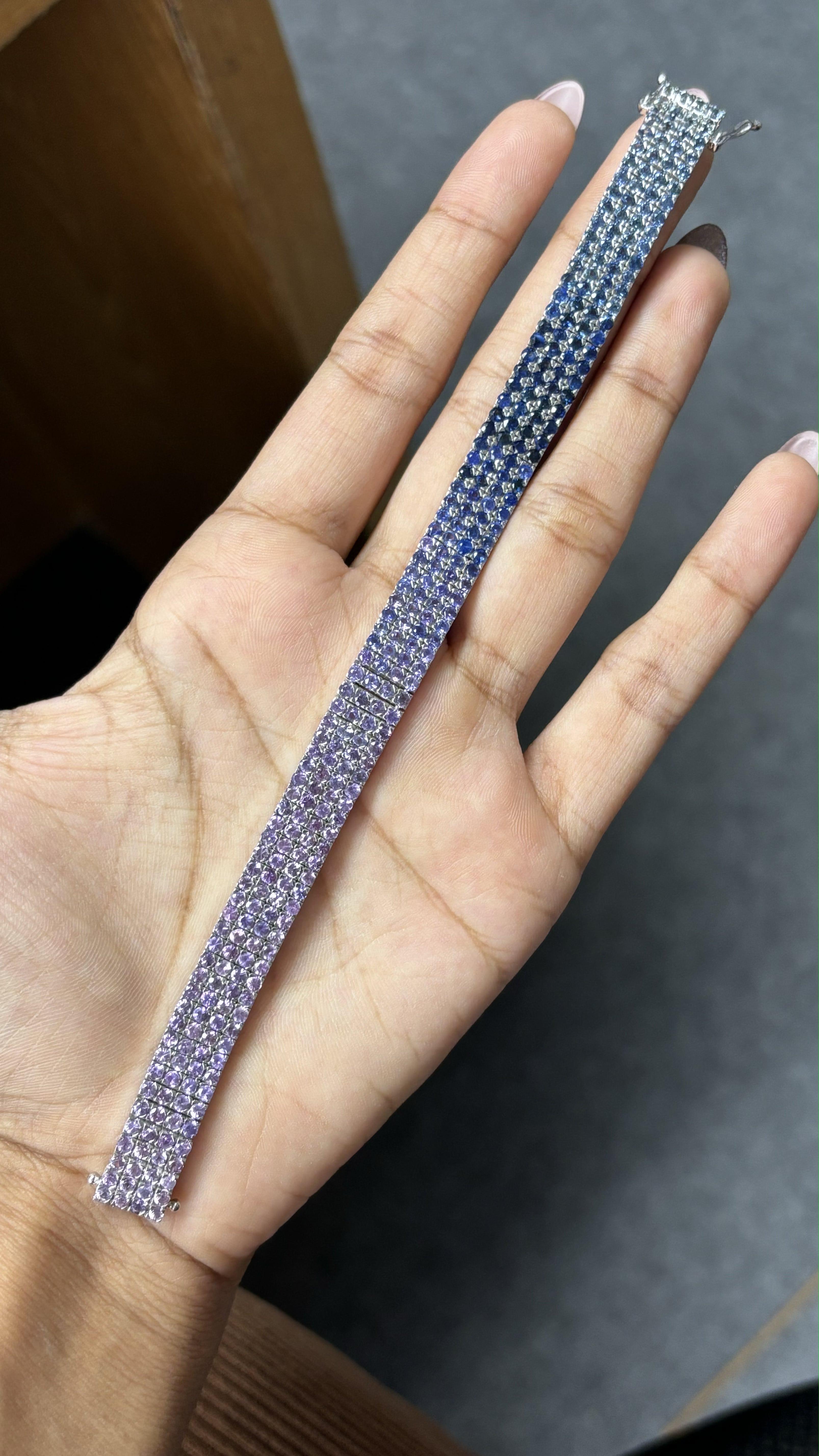 12.77 Carat Purple-Blue Ombre Sapphires studded Bracelet in 14K White Gold For Sale 1