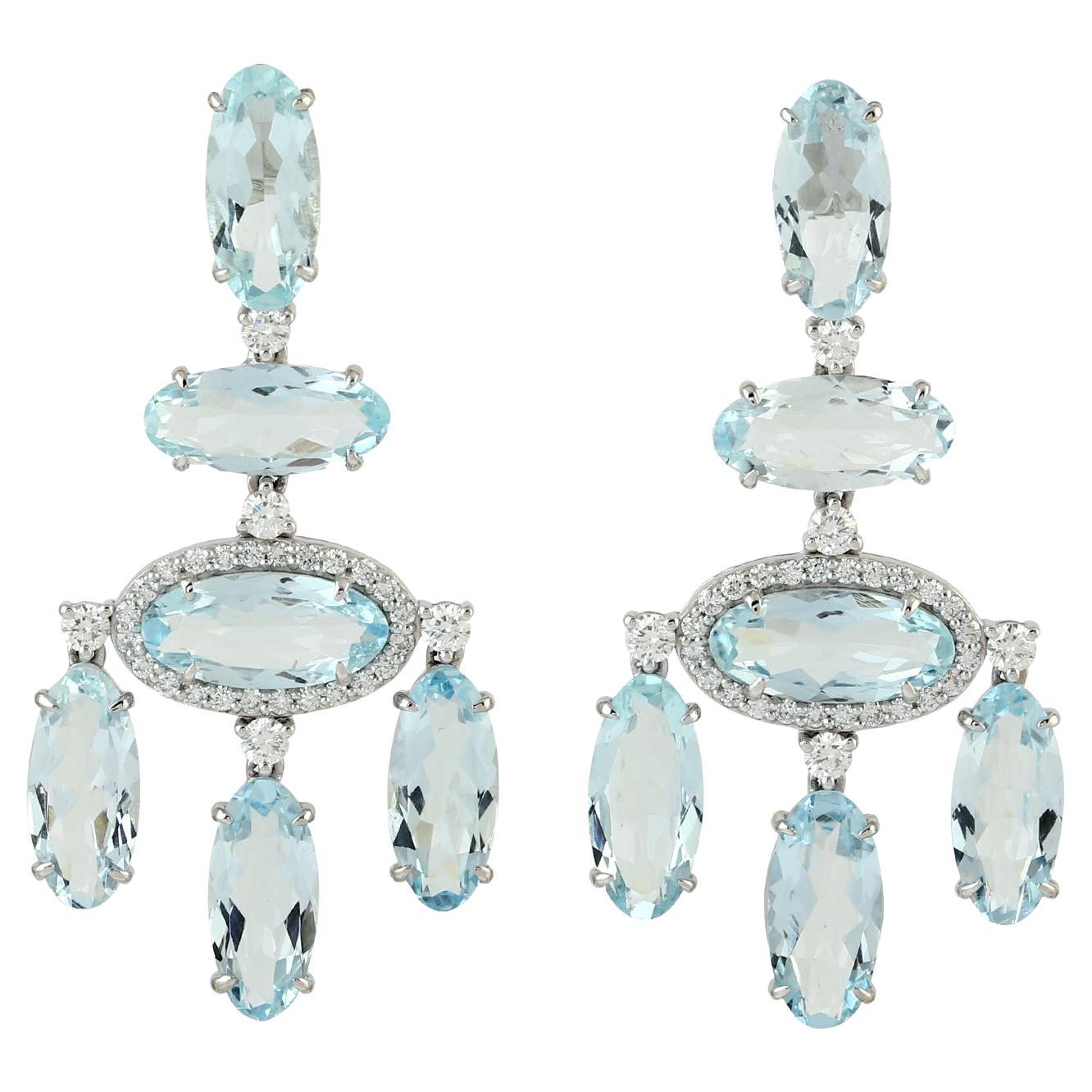 12.77 Carats Blue Topaz Diamond 14 Karat Gold Drop Earrings For Sale