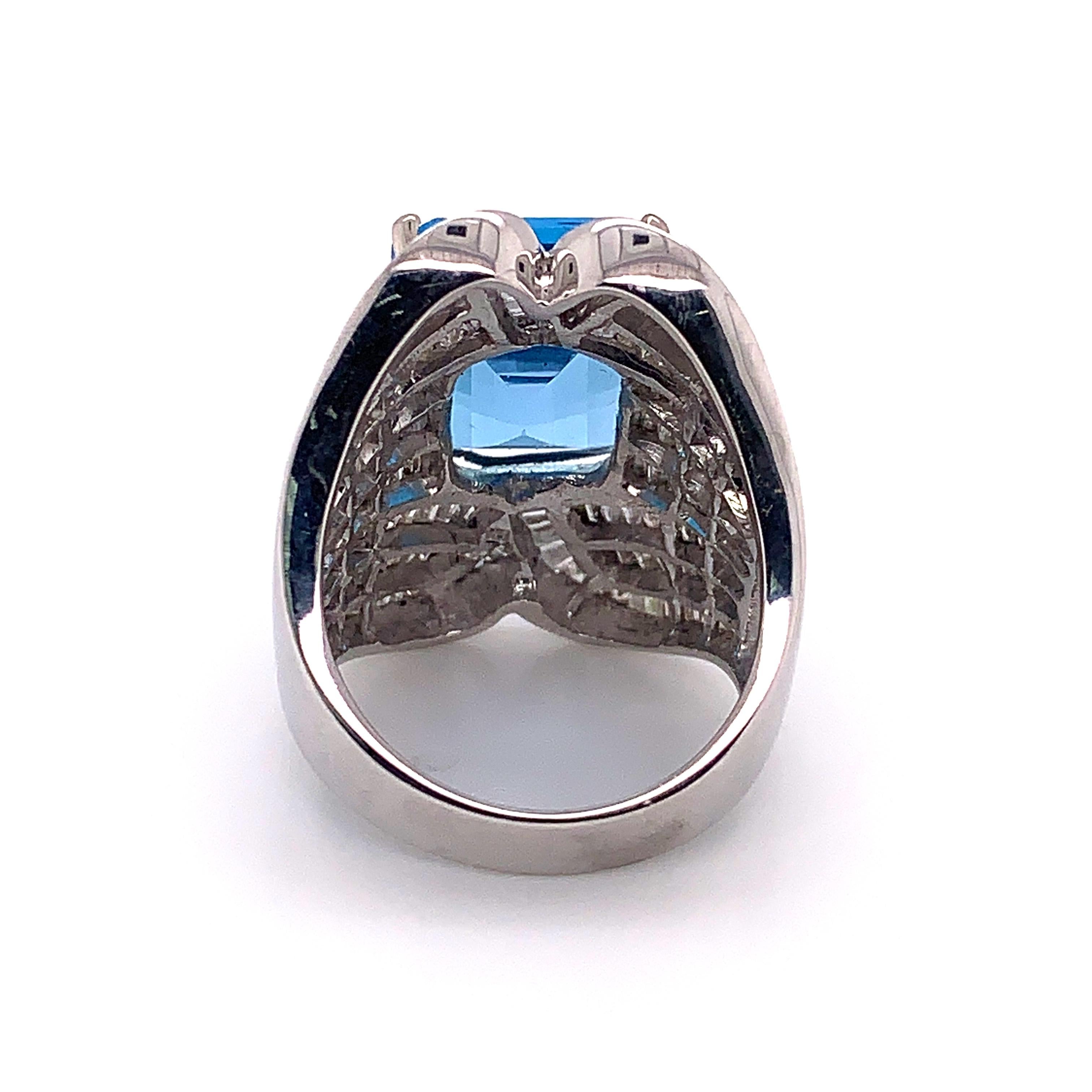 Emerald Cut 12.78 Carat Blue Topaz and Diamond Ring