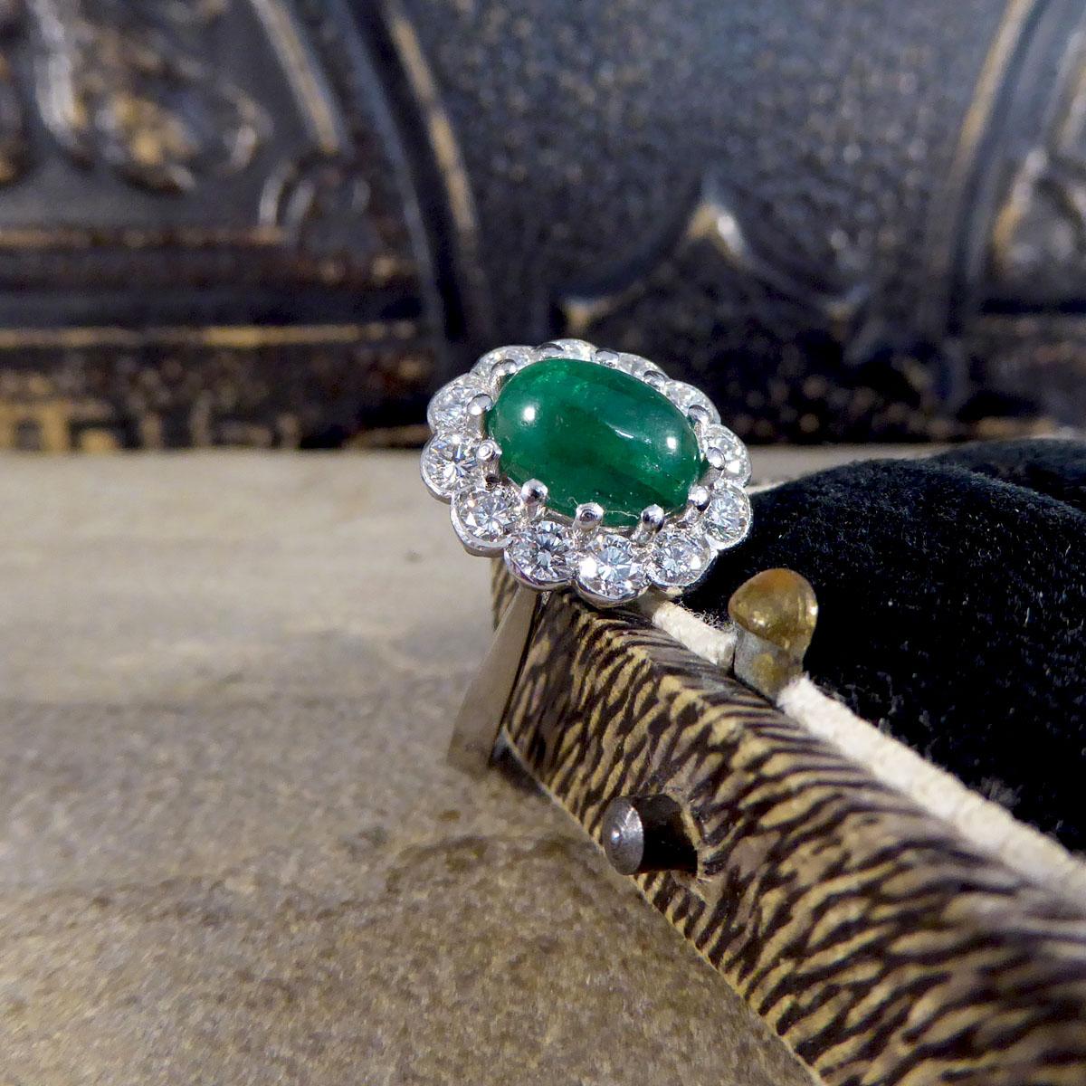 1.27ct Cabochon Emerald and 1.02ct Diamond Cluster Ring in Platinum For Sale 5
